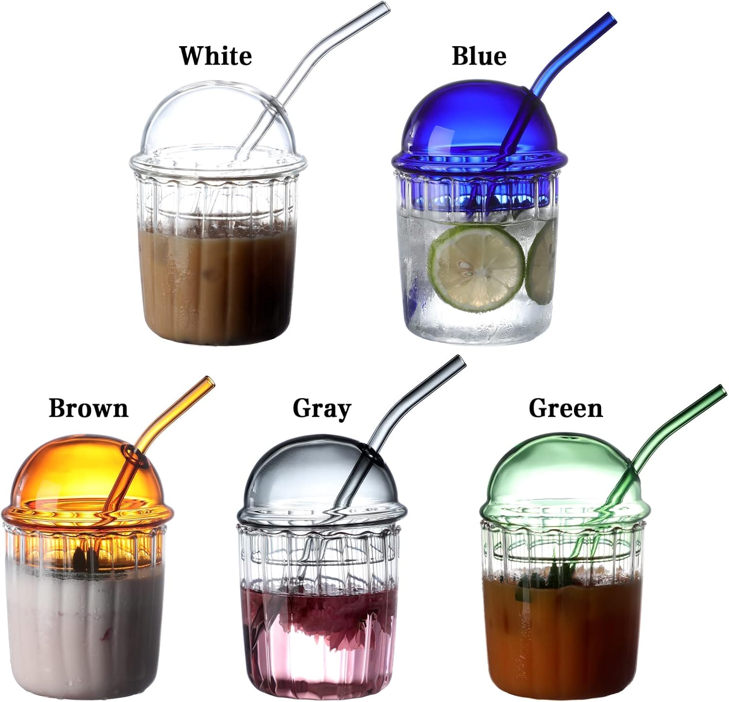 Cute Drinking Glasses with Glass Dome Lid and Straw, Reusable Wide Mouth Smoothie Cups 15oz Glass Coffee Iced Cup Tumbler Glass Bubble Tea Cup for Coke Soda Home Office Bar(White)-1