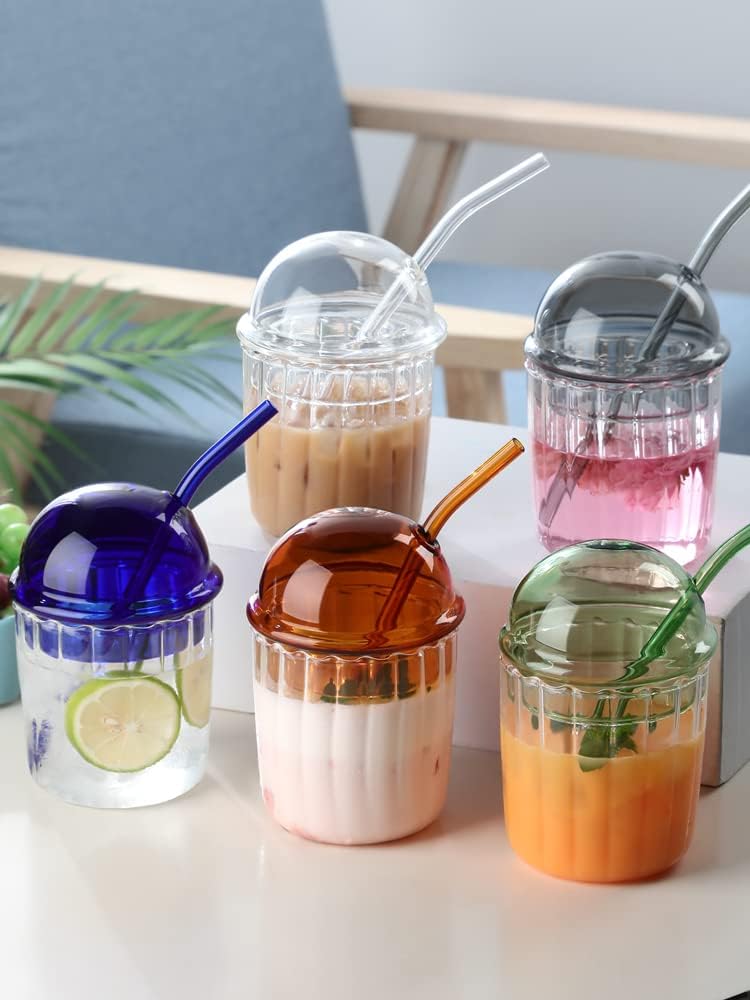 Cute Drinking Glasses with Glass Dome Lid and Straw, Reusable Wide Mouth Smoothie Cups 15oz Glass Coffee Iced Cup Tumbler Glass Bubble Tea Cup for Coke Soda Home Office Bar(White)-2