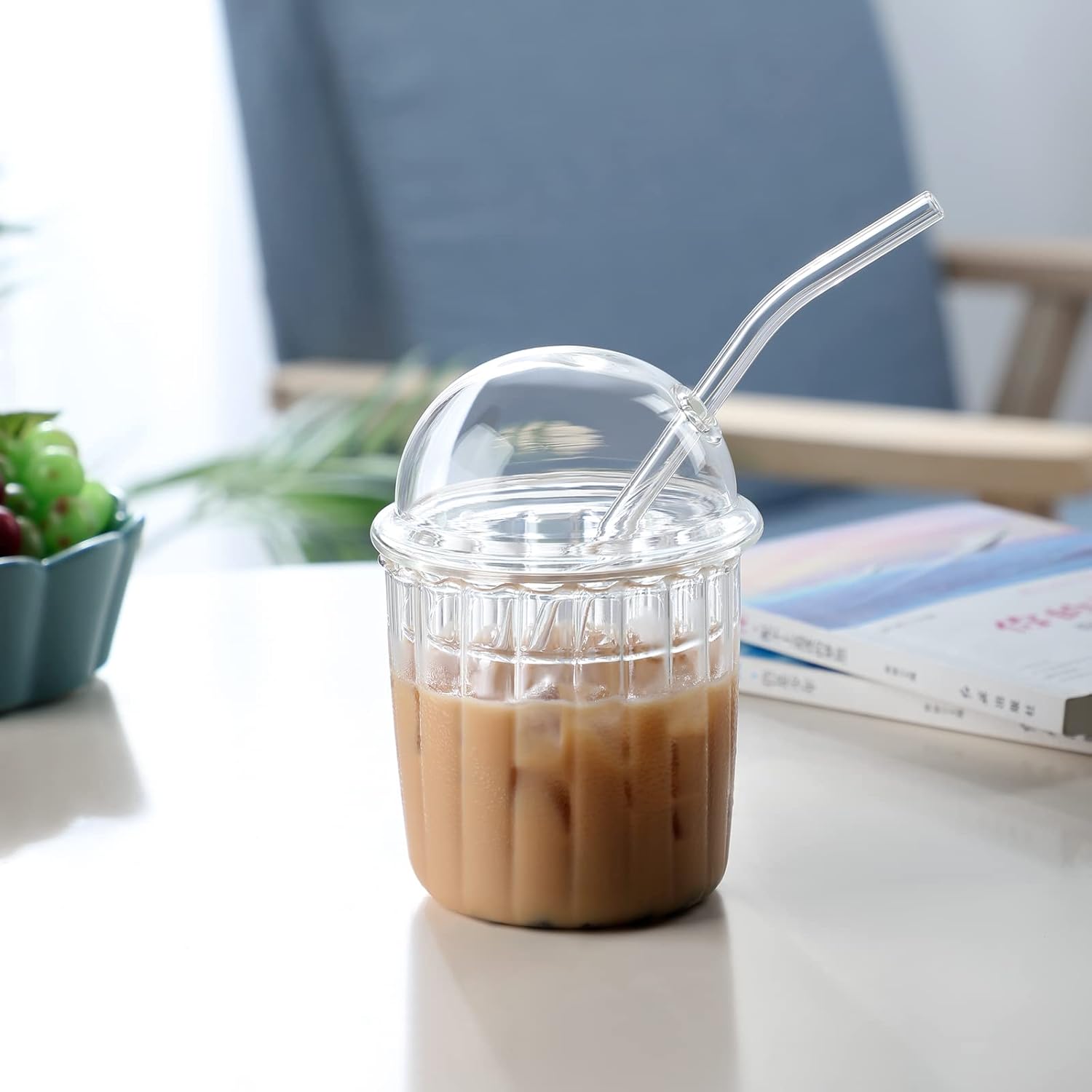 Cute Drinking Glasses with Glass Dome Lid and Straw, Reusable Wide Mouth Smoothie Cups 15oz Glass Coffee Iced Cup Tumbler Glass Bubble Tea Cup for Coke Soda Home Office Bar(White)-4