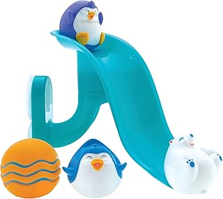 Nuby Penguin Slide Bath Toy Play Set with 4 Bath Squirters - Baby Bath Toys for Boys and Girls 12+ Months - Suction Cup Toy Attaches to Shower Wall