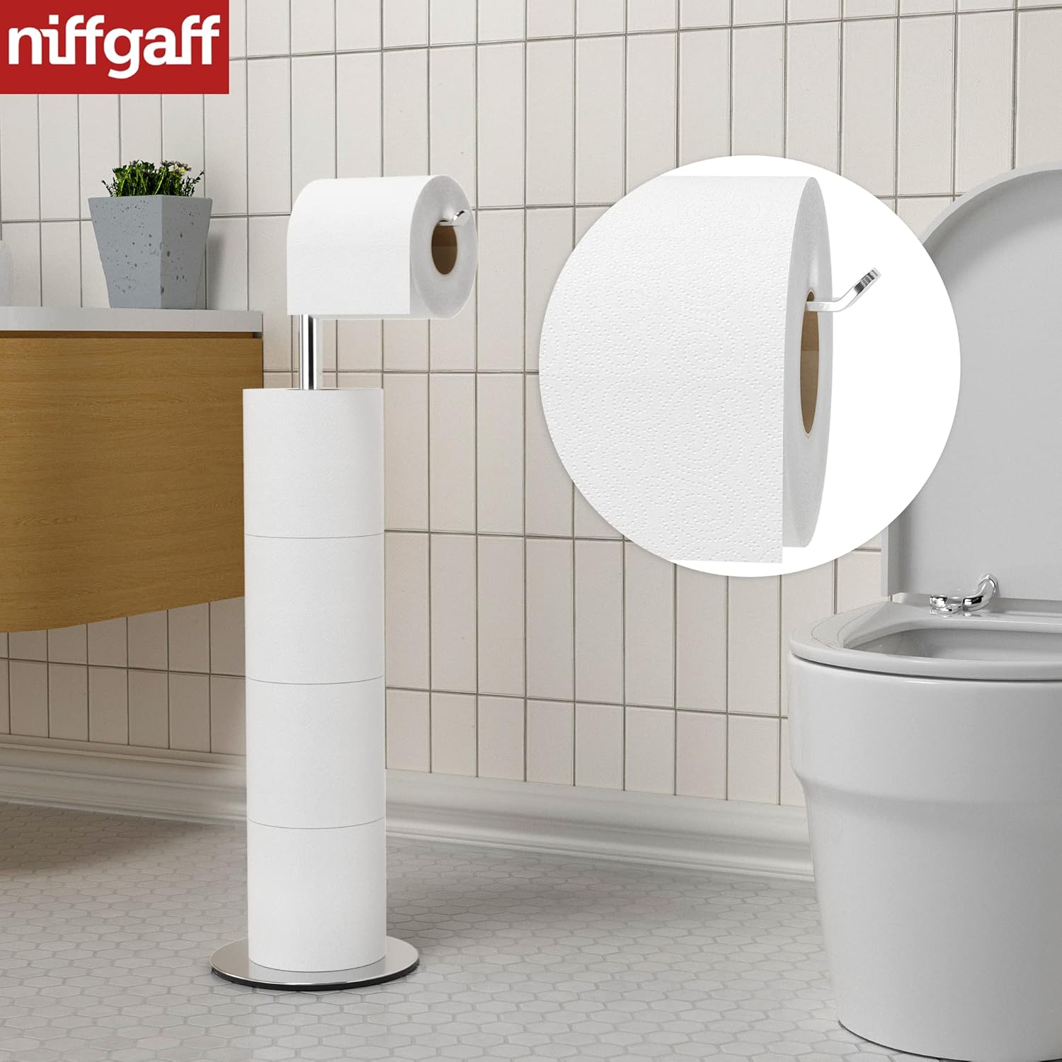 NIFFGAFF Toilet Paper Holder Stand and Dispenser for 4 Spare Rolls, Toilet Paper Storage,Stainless Steel Free-Standing Toilet Tissue Paper Roll Storage Shelf-2