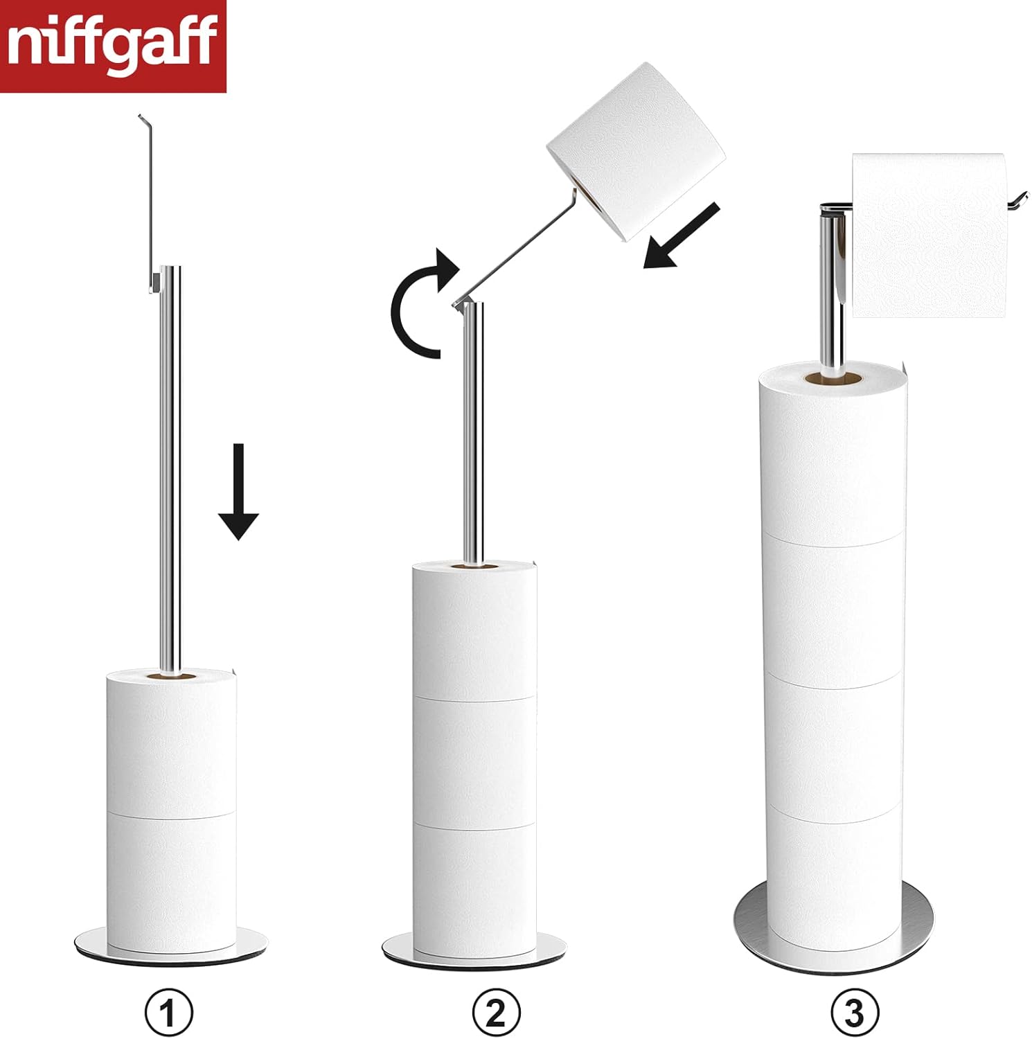 NIFFGAFF Toilet Paper Holder Stand and Dispenser for 4 Spare Rolls, Toilet Paper Storage,Stainless Steel Free-Standing Toilet Tissue Paper Roll Storage Shelf-3