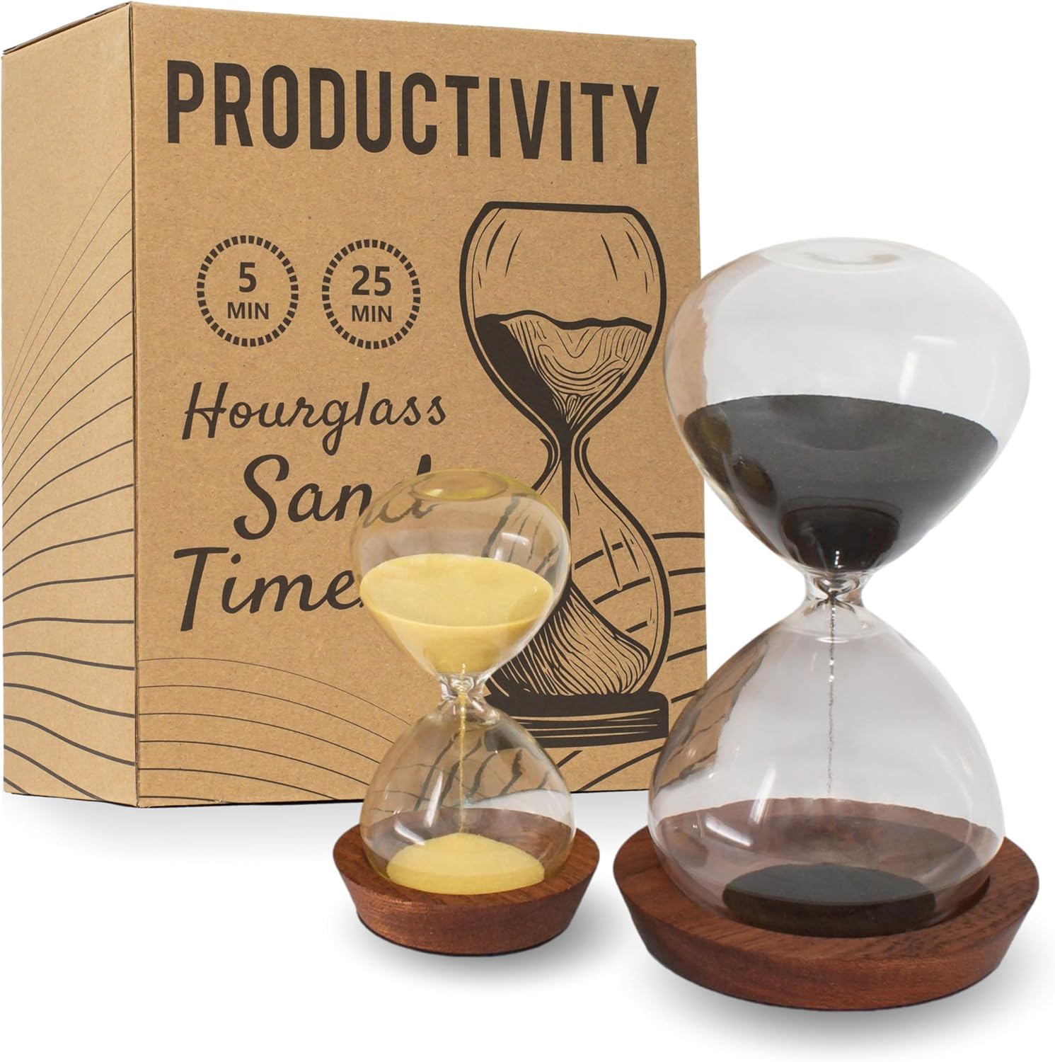 Decorative Hourglass Sand Timer Set - includes 25 and 5 Minute Sandglass Pomodoro Timers with Wooden Bases - Time Management Productivity Tool - Gift for Home Office Desk-0