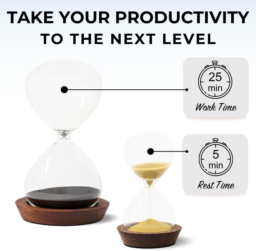 Decorative Hourglass Sand Timer Set - includes 25 and 5 Minute Sandglass Pomodoro Timers with Wooden Bases - Time Management Productivity Tool - Gift for Home Office Desk-1