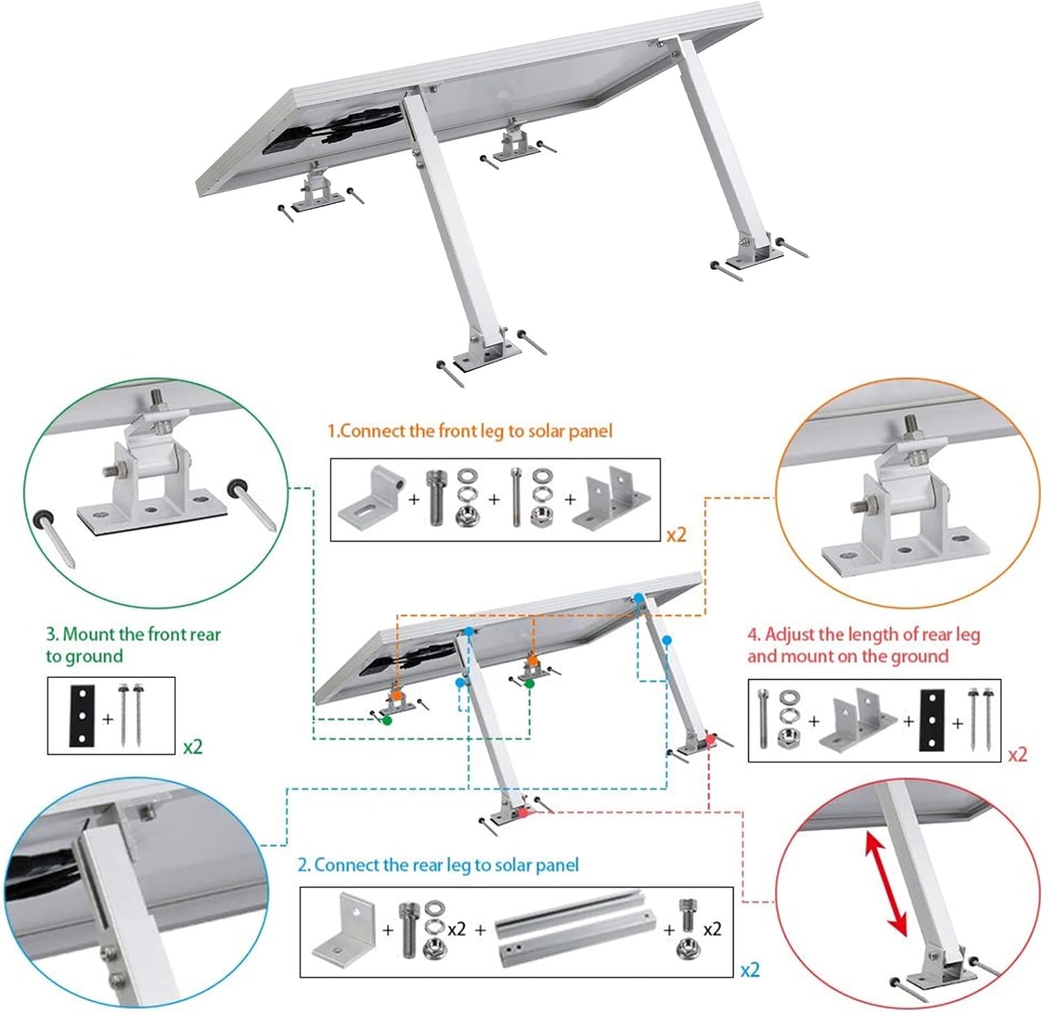 Solar Panel Bracket, Adjustable Solar Panel Mounting Brackets, Stainless Steel Solar Panel Holder End Clamp Kit, Solar Panel Stand 15-30° Adjustable Flat Roof Mount (Tilt Legs NOT Included)-3