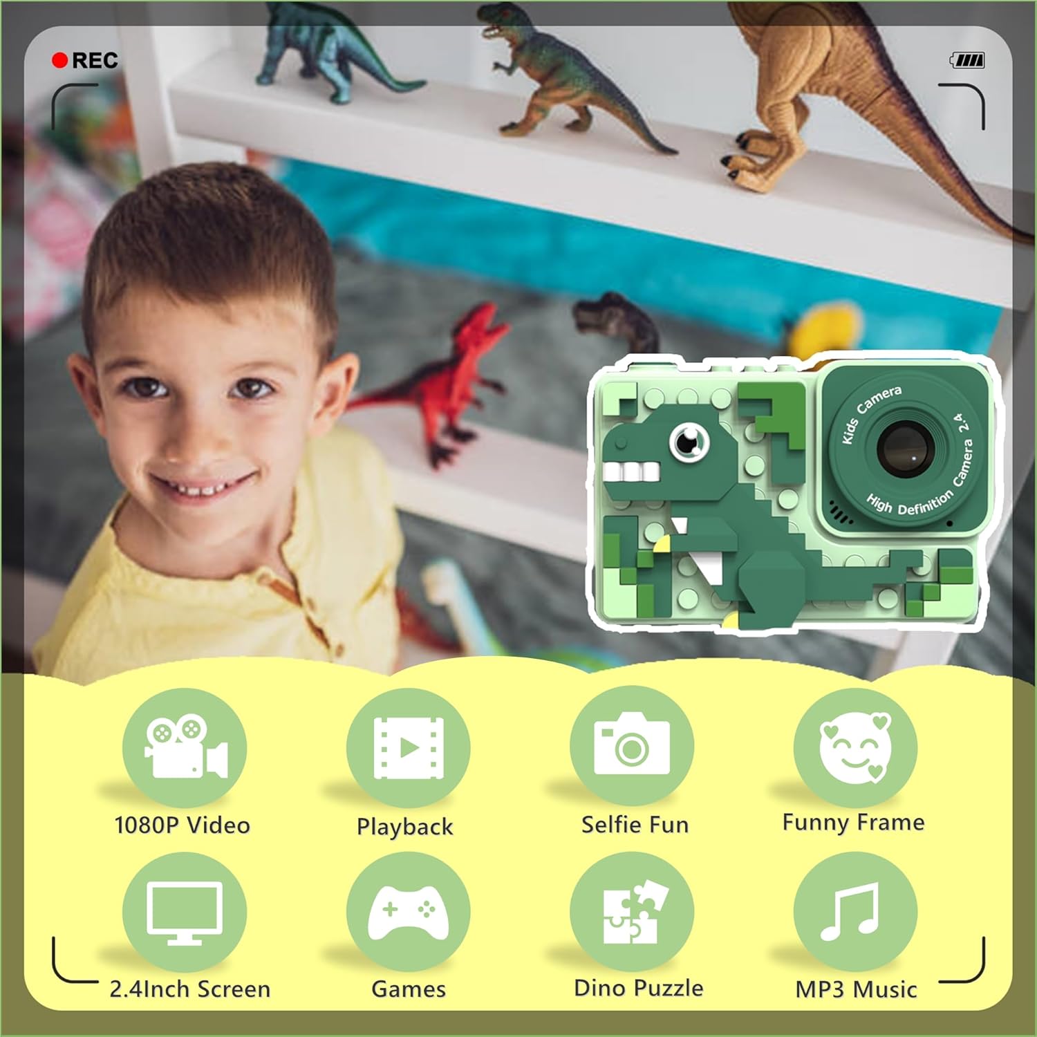 Kids Camera for Boys Girls Age 3-12 with DIY Dinosaur Puzzle, 1080P Toddler Camera & Selfie Video Camera for Kids with 32GB SD Card, Fun Christmas Birthday Gifts for Kids-1