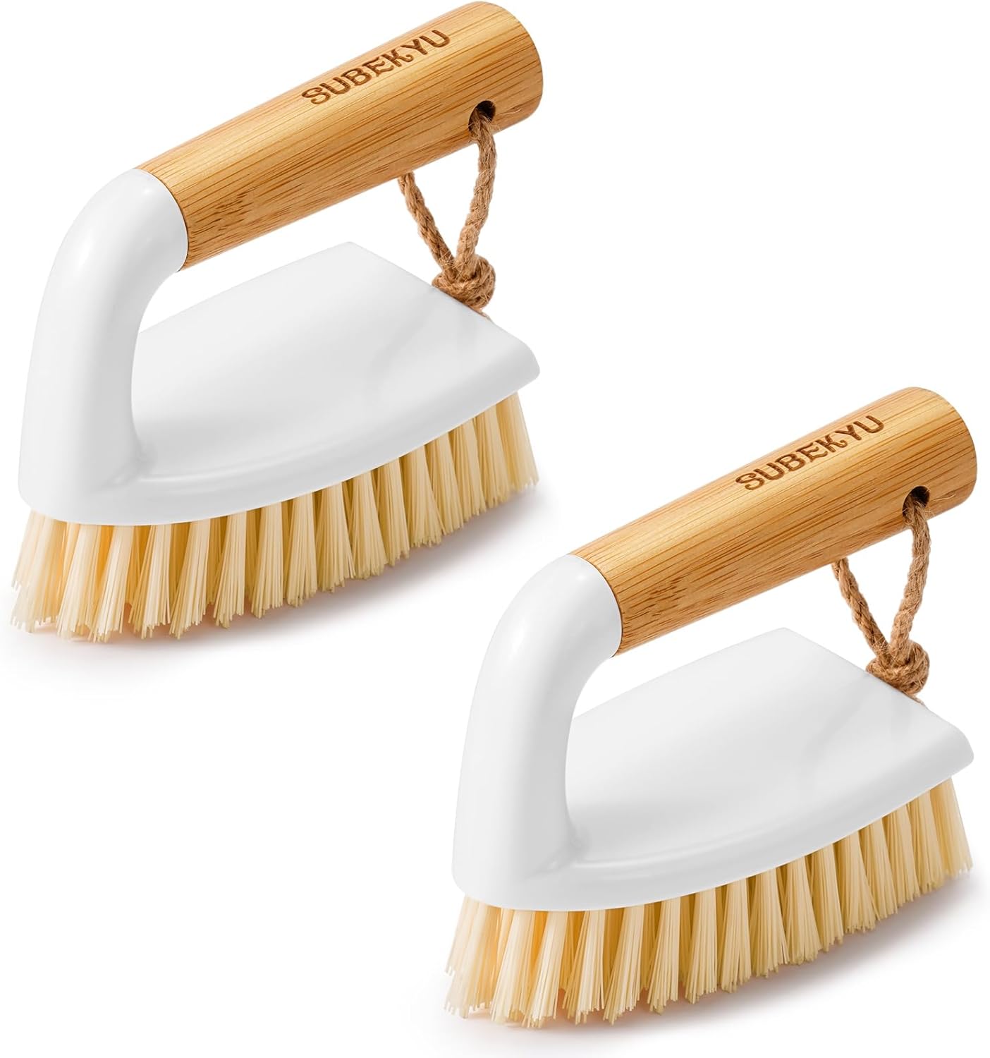 SUBEKYU Scrub Brush, Cleaning Brushes with Handle for Household Use, Heavy Duty Scrub Brushes for Cleaning Bathroom Shower Toilet Bathtub Tile Floor Carpet, White, 2P-0