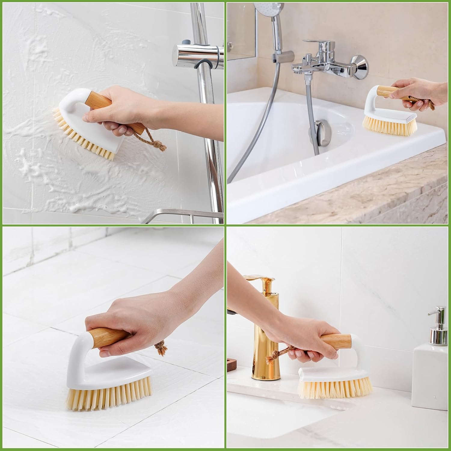 SUBEKYU Scrub Brush, Cleaning Brushes with Handle for Household Use, Heavy Duty Scrub Brushes for Cleaning Bathroom Shower Toilet Bathtub Tile Floor Carpet, White, 2P-4