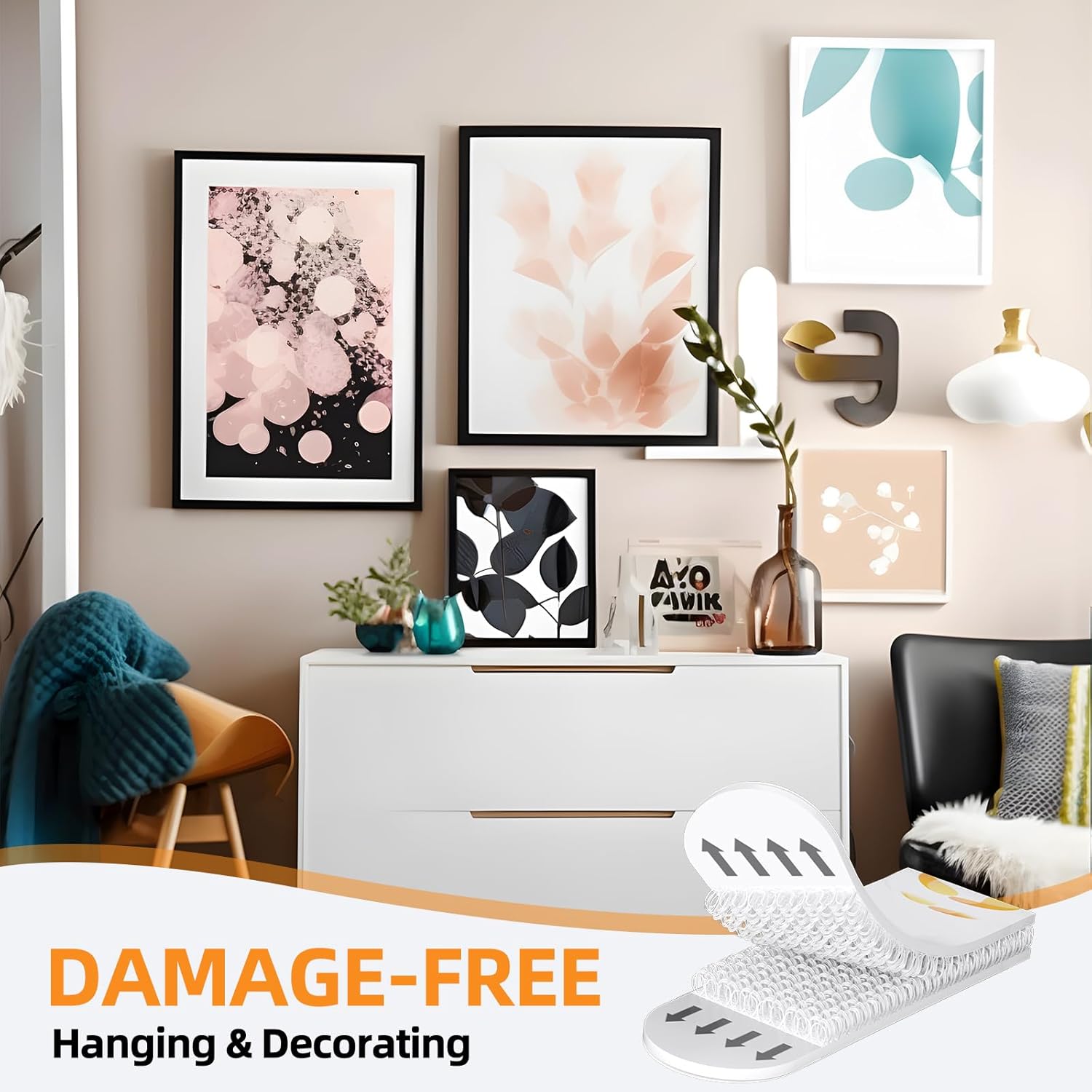 Picture Hanging Strips, Damage Free Hanging Picture Hangers, Picture Hanging Kit,Picture Hanging Hooks Without Nails, Adhesive Tape Strips for Living Room, White 40 Medium Pairs(80 Strips)-2