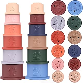 Maliton Stacking Cups Toy, Fun Educational Soft Silicone Baby Stacking Cups, with Number Letter Animal, Toddler Stacking Toys for Learning & Development for 6 Month+ (2 Set, Morandi Color)