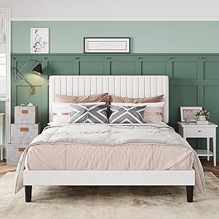 Allewie Queen Bed Frame, Velvet Upholstered Platform Bed with Adjustable Vertical Channel Tufted Headboard, Mattress Foundation with Strong Wooden Slats, Box Spring Optional, Easy Assembly, Off-White