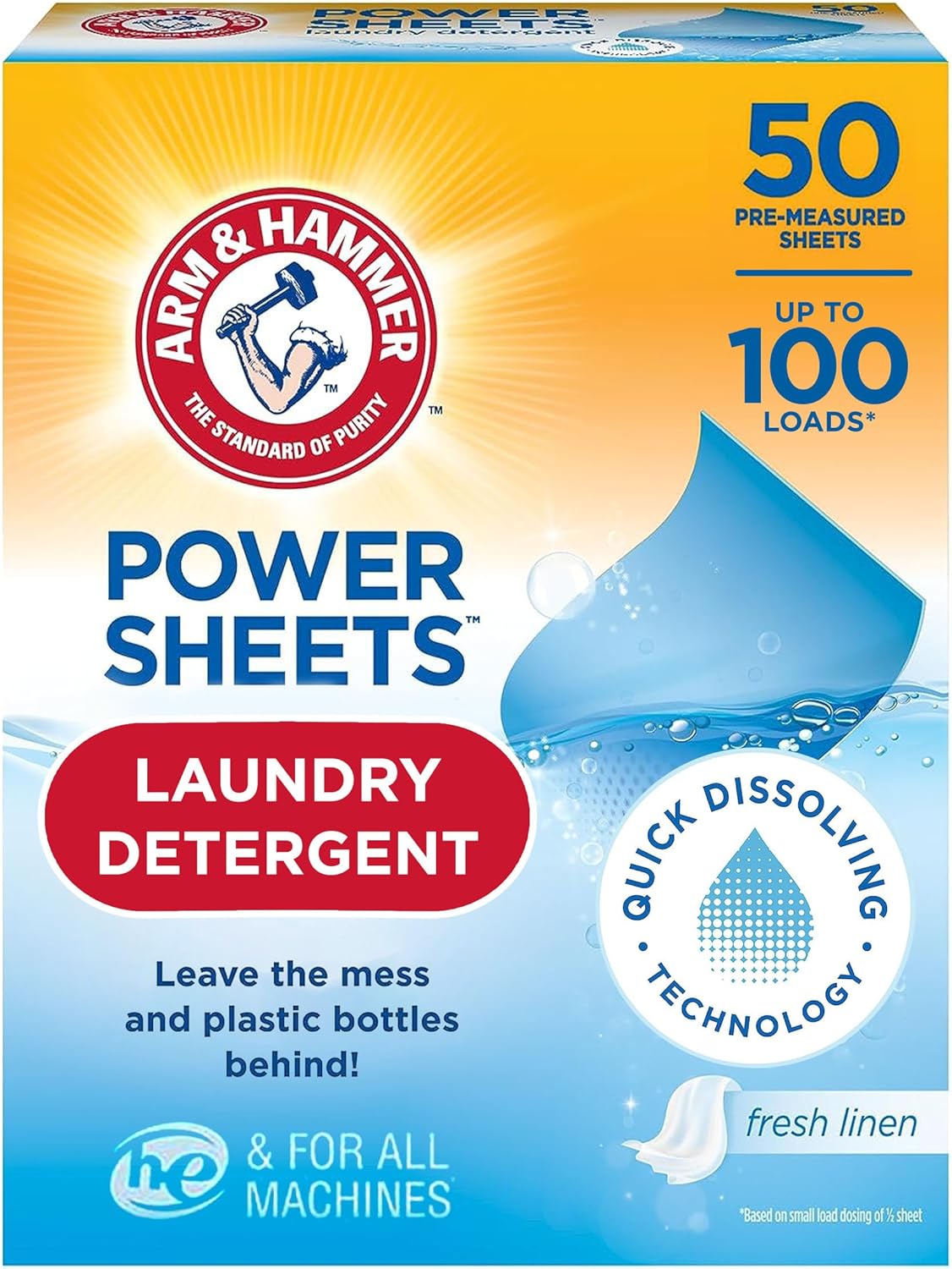 Arm & Hammer Power Sheets Laundry Detergent, Fresh Linen 50ct, up to 100 Small Loads (Packaging may vary)-0