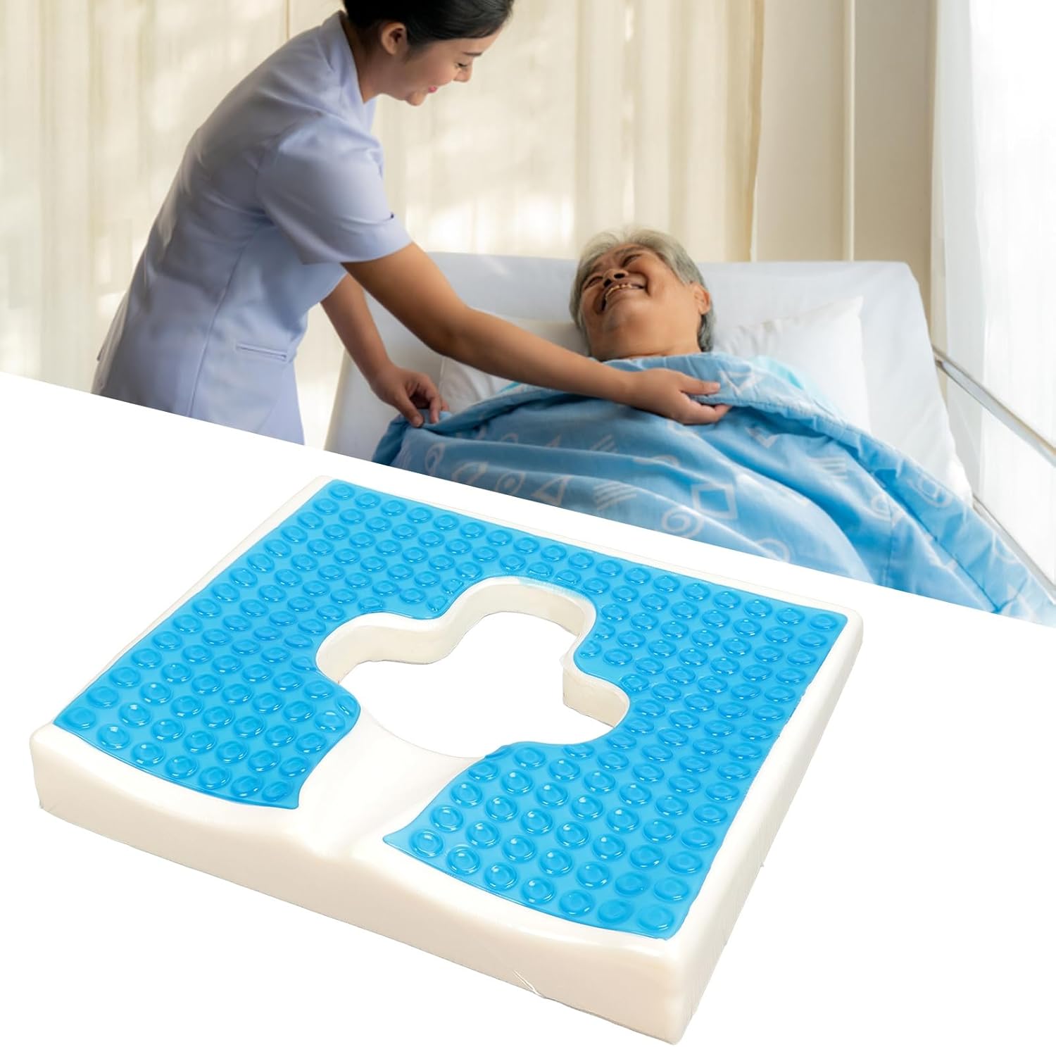 Anti Bedsore Cushion, Breathe Freely Fiber Material Bedsore Cushions for Butt, T Shaped Opening Triangular Slope Design Anti Decubitus Cushion for Elderly, Bedridden, Disabled (Blue)-8