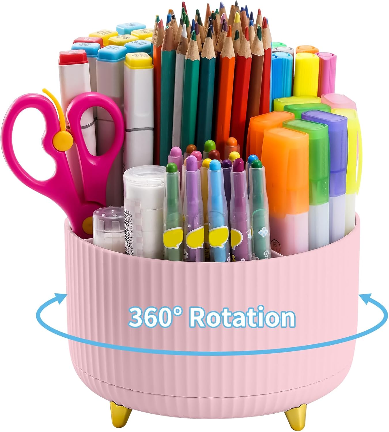 Marbrasse Desk Organizer, 360-Degree Rotating Pen Holder for Desk, Desk Organizers and Accessories with 5 Compartments Pencil Organizer, Art Supply Storage Box Caddy for Office, Home （Pink）-0