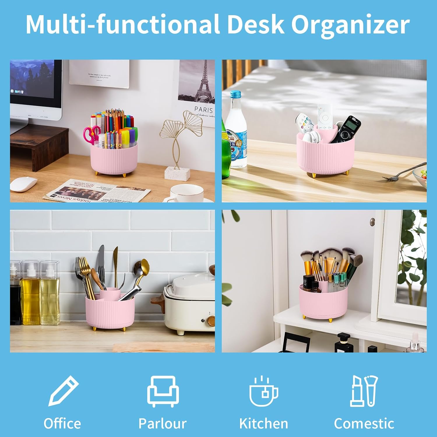 Marbrasse Desk Organizer, 360-Degree Rotating Pen Holder for Desk, Desk Organizers and Accessories with 5 Compartments Pencil Organizer, Art Supply Storage Box Caddy for Office, Home （Pink）-1