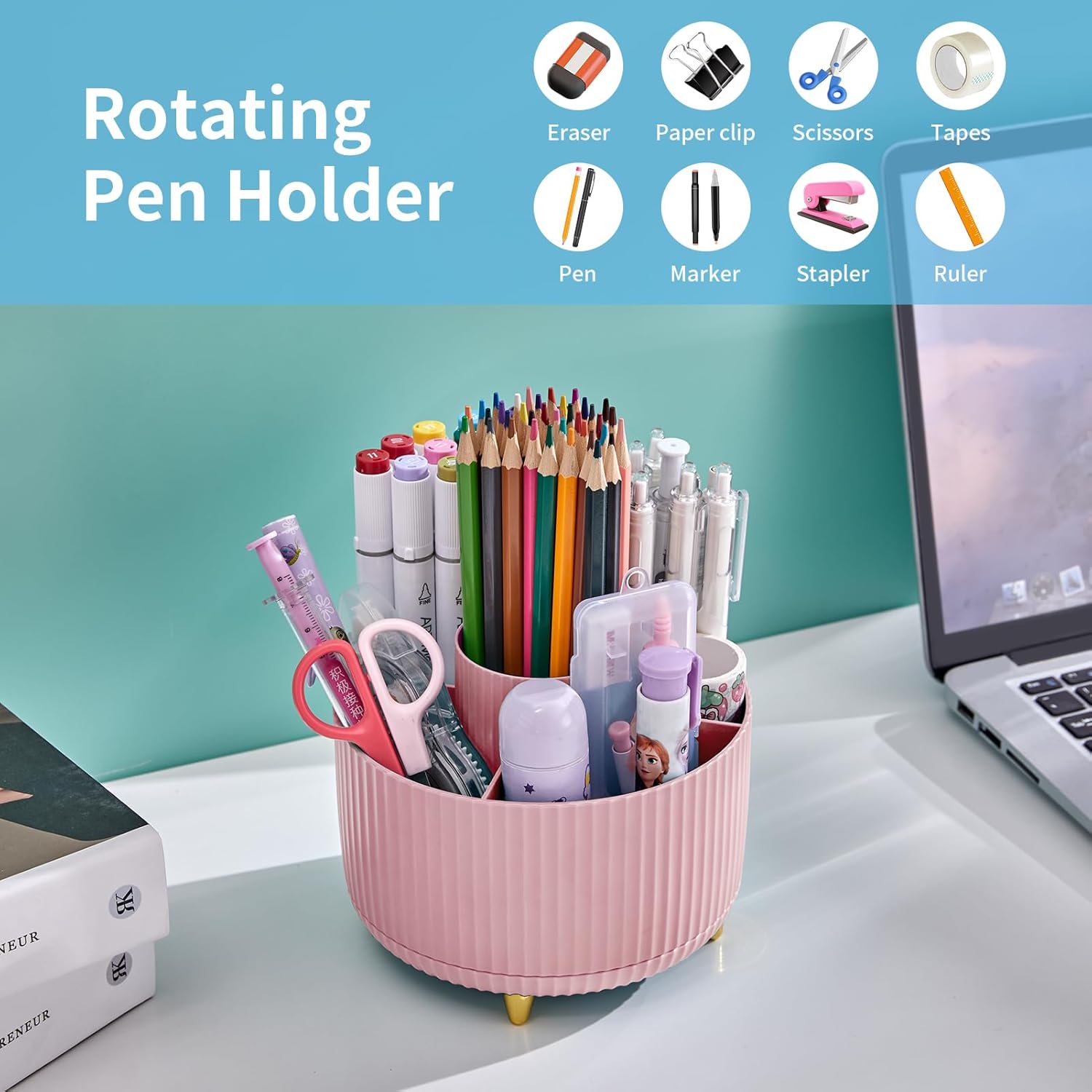 Marbrasse Desk Organizer, 360-Degree Rotating Pen Holder for Desk, Desk Organizers and Accessories with 5 Compartments Pencil Organizer, Art Supply Storage Box Caddy for Office, Home （Pink）-2