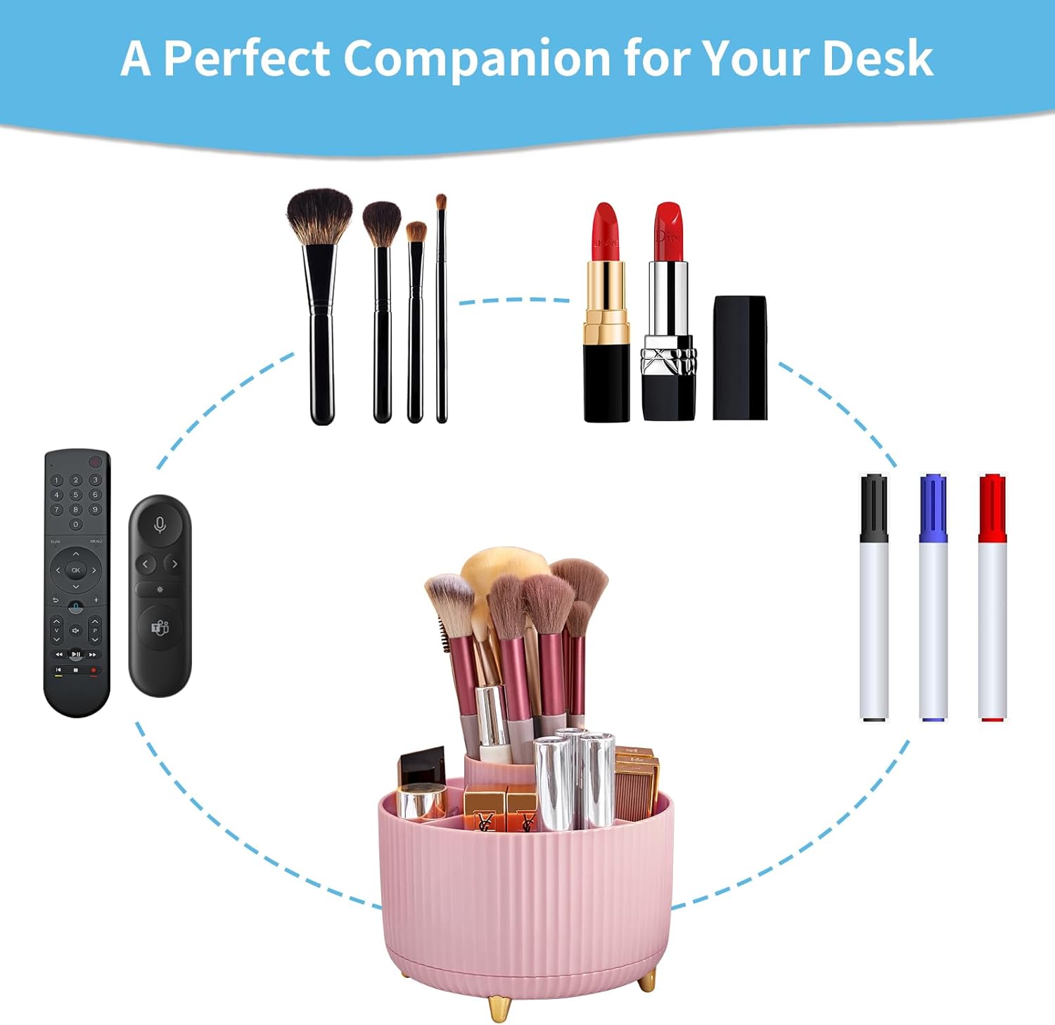 Marbrasse Desk Organizer, 360-Degree Rotating Pen Holder for Desk, Desk Organizers and Accessories with 5 Compartments Pencil Organizer, Art Supply Storage Box Caddy for Office, Home （Pink）-5