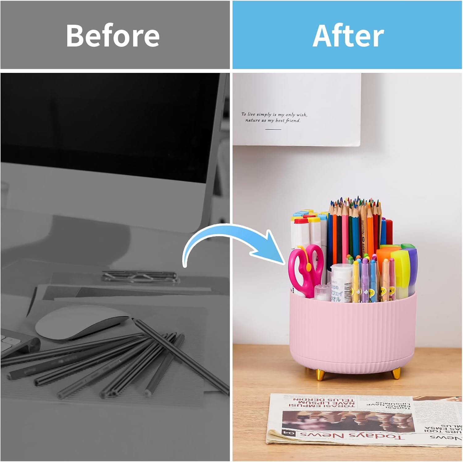 Marbrasse Desk Organizer, 360-Degree Rotating Pen Holder for Desk, Desk Organizers and Accessories with 5 Compartments Pencil Organizer, Art Supply Storage Box Caddy for Office, Home （Pink）-6