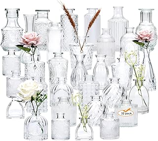 Brajttt Set of 32 Bud Vases for Flowers, Small Vintage Glass Bottles for Rustic Wedding Centerpieces and Home Decor