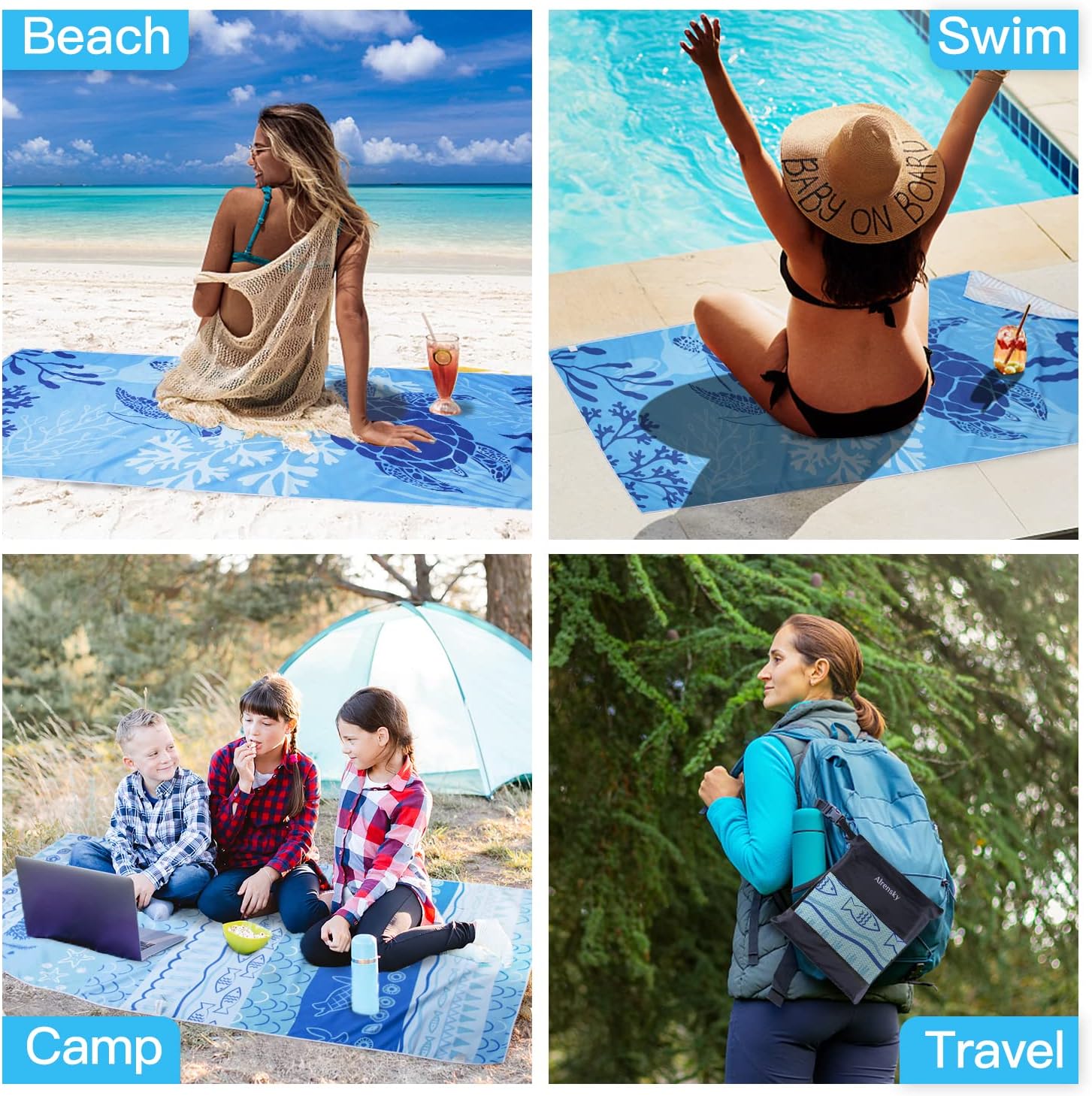 Microfiber Sand Free Beach Towel 72"x36",Extra Large Lightweight Super Absorbent Thin Fast Drying Towels for Swimming Outdoor Travel Hiking Camping Adults(2 Pack Turtle)-3