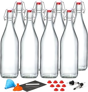 8 Pack [1 Liter / 33 fl. oz.] Swing Top Glass Bottles w/ Airtight Stopper Lids – Flip Top Brewing Bottle for Fermentation, Kombucha, Mead, Vinegar, Beer, Kefir, Wine – With 8 Extra Seals & 2 Pourers