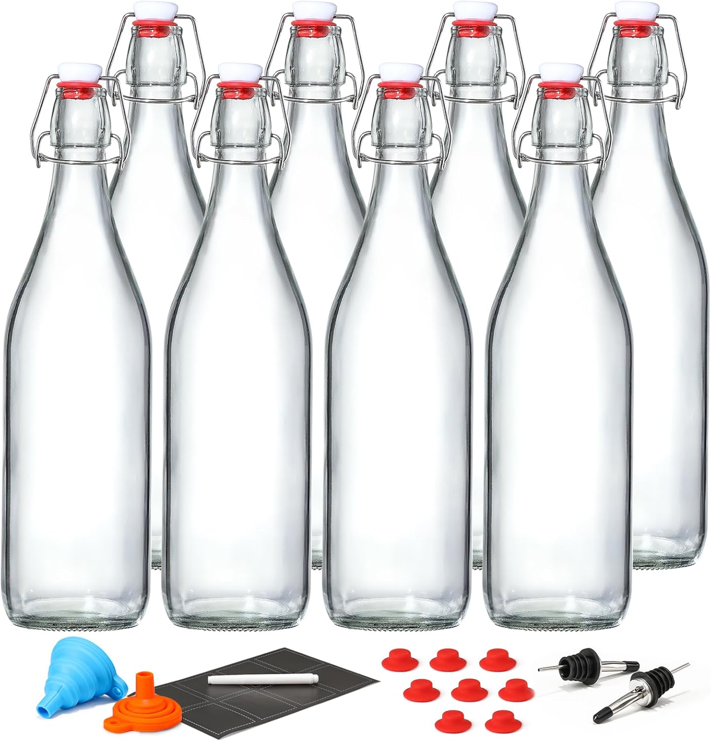 8 Pack [1 Liter / 33 fl. oz.] Swing Top Glass Bottles w/ Airtight Stopper Lids – Flip Top Brewing Bottle for Fermentation, Kombucha, Mead, Vinegar, Beer, Kefir, Wine – With 8 Extra Seals & 2 Pourers-0