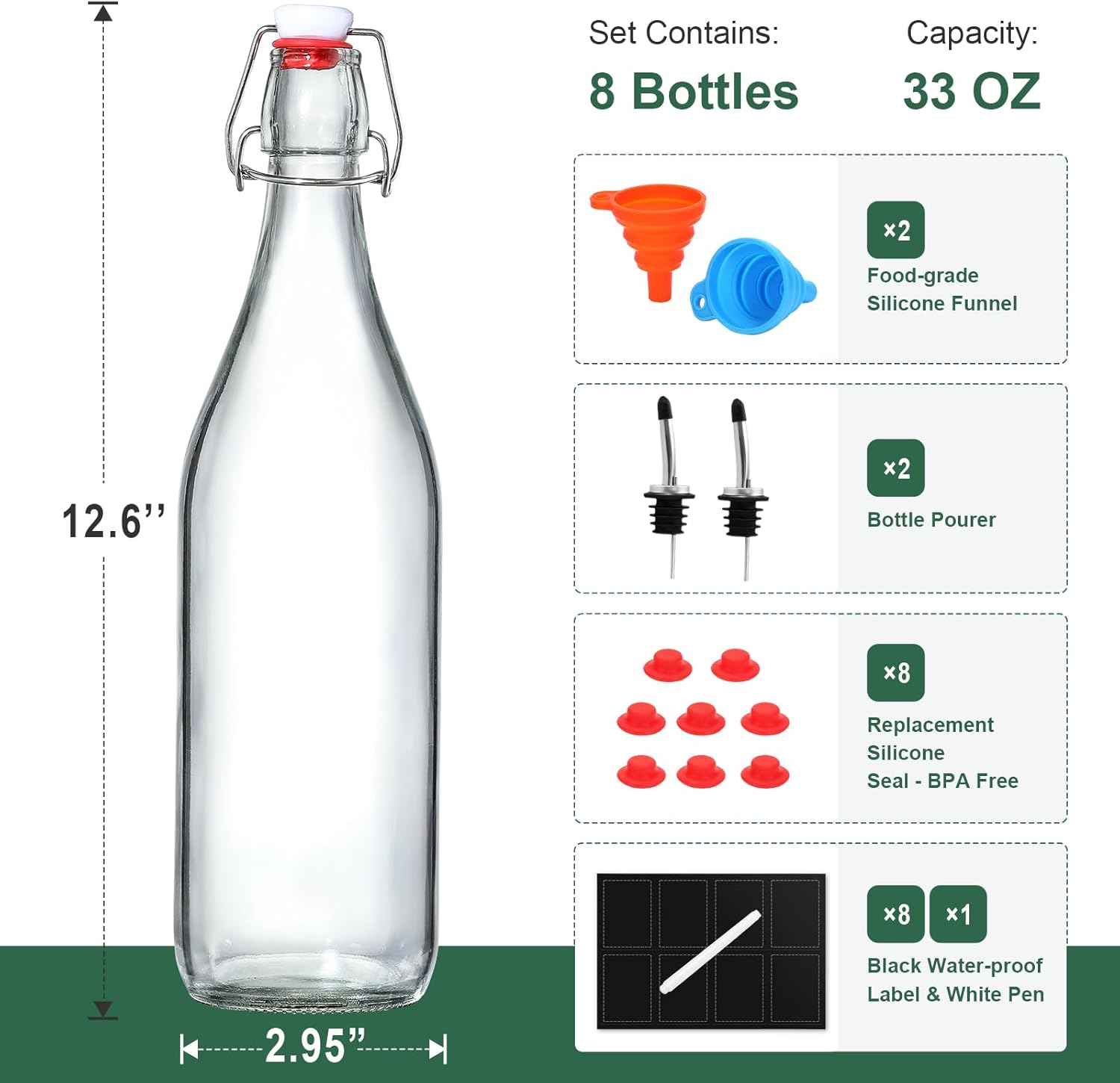 8 Pack [1 Liter / 33 fl. oz.] Swing Top Glass Bottles w/ Airtight Stopper Lids – Flip Top Brewing Bottle for Fermentation, Kombucha, Mead, Vinegar, Beer, Kefir, Wine – With 8 Extra Seals & 2 Pourers-1