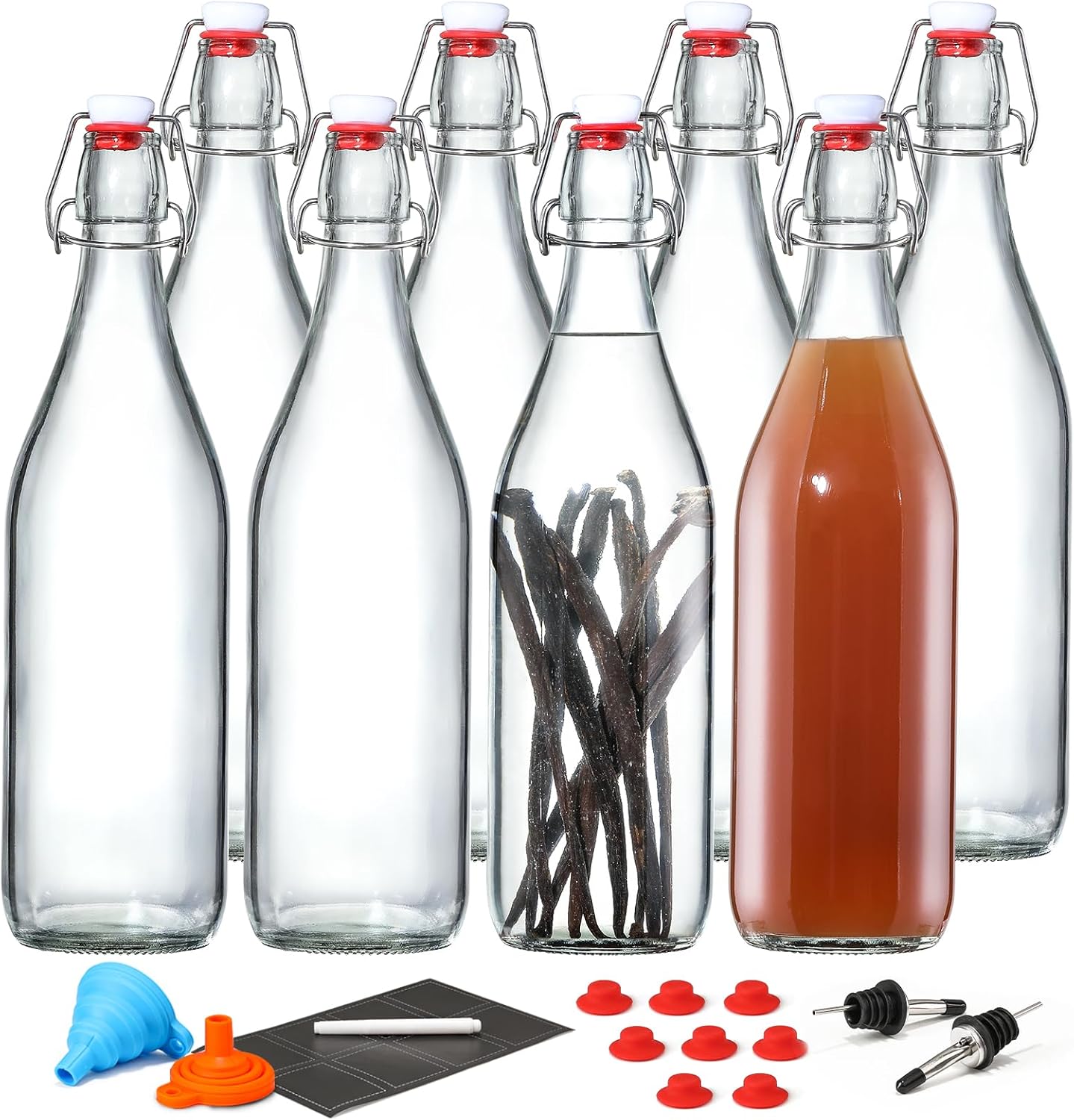 8 Pack [1 Liter / 33 fl. oz.] Swing Top Glass Bottles w/ Airtight Stopper Lids – Flip Top Brewing Bottle for Fermentation, Kombucha, Mead, Vinegar, Beer, Kefir, Wine – With 8 Extra Seals & 2 Pourers-7