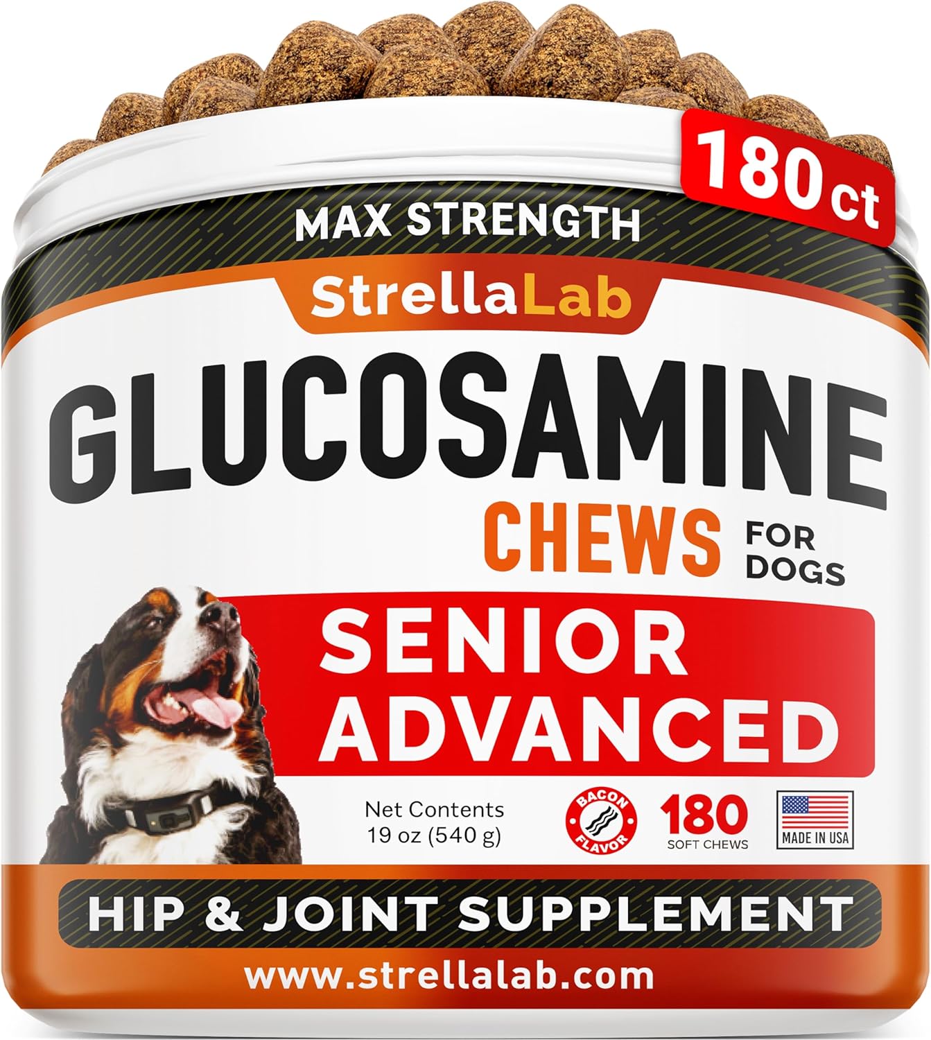 Senior Advanced Glucosamine Chondroitin Joint Supplement for Dogs - Hip & Joint Pain Relief Pills - Large & Small Breed - Hip Joint Chews Canine Joint Health - Chews Older Dogs - Bacon Flavor - 180Ct-0