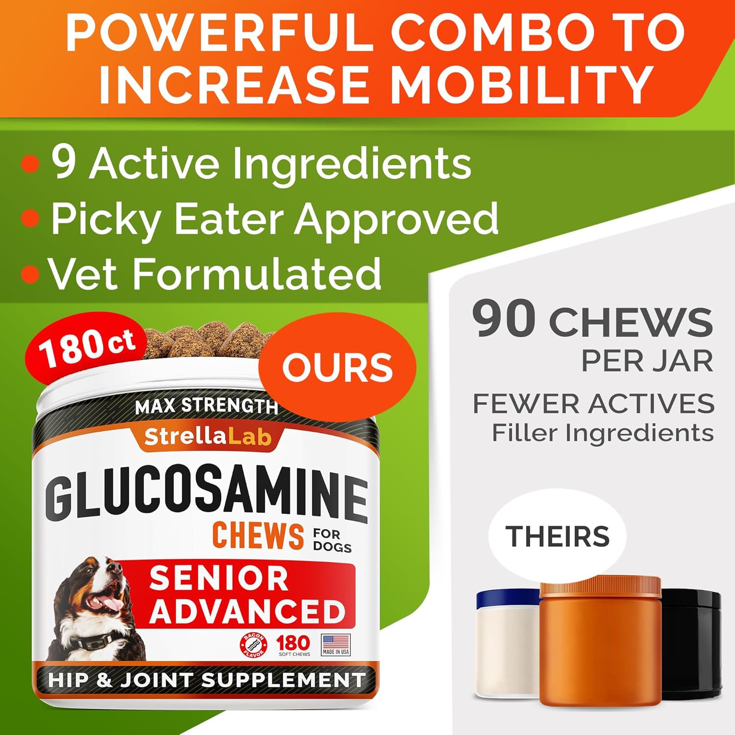 Senior Advanced Glucosamine Chondroitin Joint Supplement for Dogs - Hip & Joint Pain Relief Pills - Large & Small Breed - Hip Joint Chews Canine Joint Health - Chews Older Dogs - Bacon Flavor - 180Ct-3