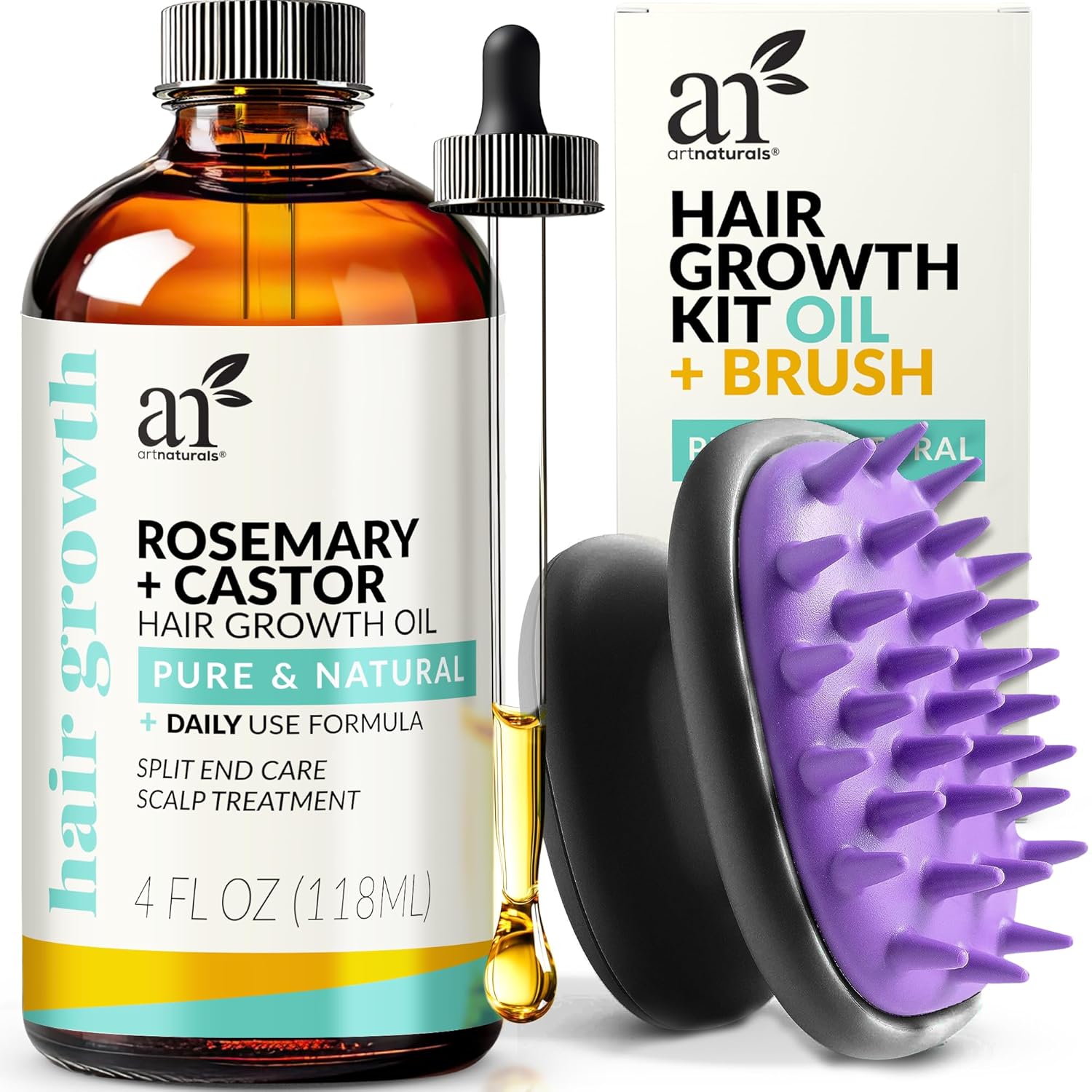 Artnaturals Organic Rosemary Castor Hair Oil + Massager Hair Growth Set Hair Growth Oil 4 ounces with Coconut & Olive Oil for Dry, Damaged & Split End-0