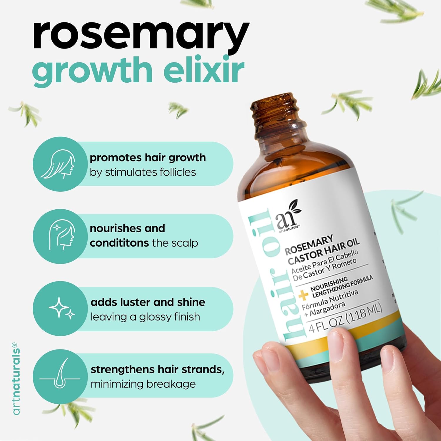 Artnaturals Organic Rosemary Castor Hair Oil + Massager Hair Growth Set Hair Growth Oil 4 ounces with Coconut & Olive Oil for Dry, Damaged & Split End-2