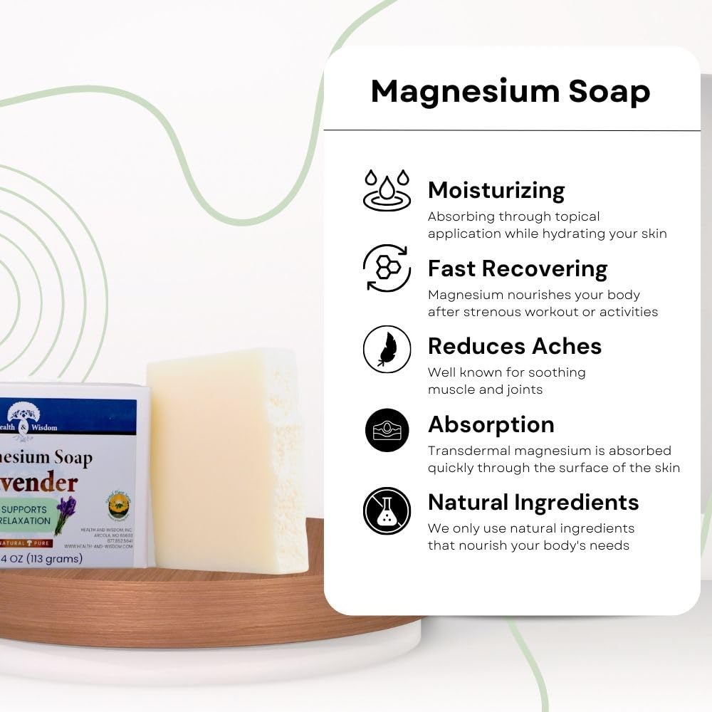 Health and Wisdom Magnesium Soap Bar - Magnesium Body Wash, All Natural Soap Bar, Magnesium Bar Soap, Magnesium Shower, Magnesium Oil, Bath Soap Bars, Lavender Soap Bars - Lavender, 4 Oz (Pack of 2)-1