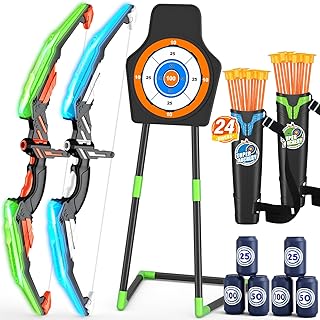 2 Pack Bow and Arrow for Kids, LED Light Up Archery Set with 24 Suction Cup Arrows, 1 Standing Target, 6 Score Targets & 2 Quiver, Indoor Outdoor Sport Gifts for Boys Girls Ages 4-12