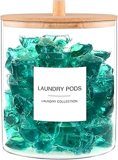 TIPGO Glass Jars for Laundry Room Organization, Laundry Pods Container with 27 Labels, Detergent Holder with Bamboo Lid, Cute Storage Jars (Set of 1)