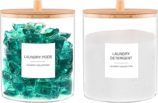 Glass Jars for Laundry Room Organization, Laundry Pods Container with 27 Labels, Detergent Holder with Bamboo Lid, Cute Storage Jars (Set of 2)