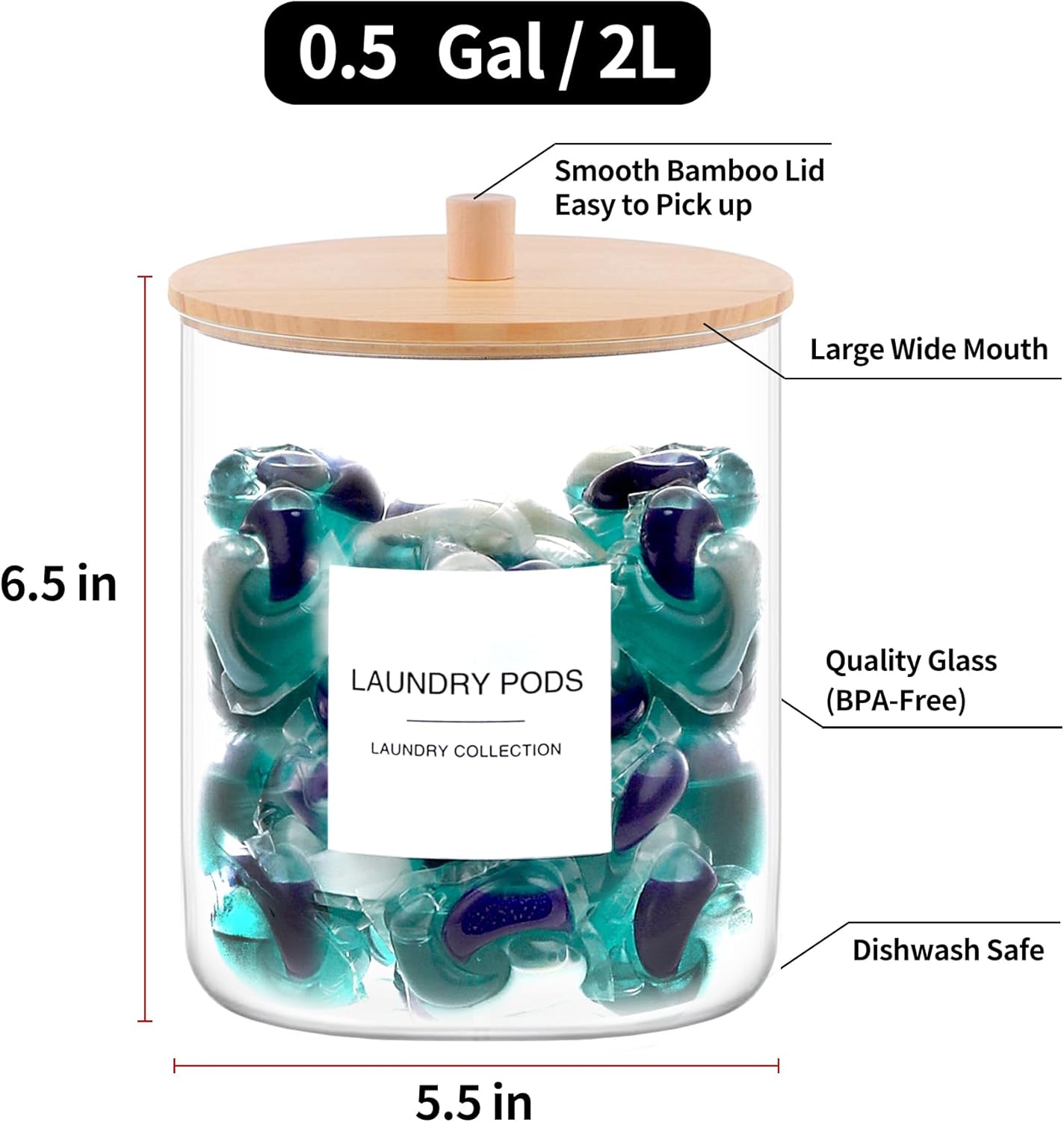 Glass Jars for Laundry Room Organization, Laundry Pods Container with 27 Labels, Detergent Holder with Bamboo Lid, Cute Storage Jars (Set of 2)-2