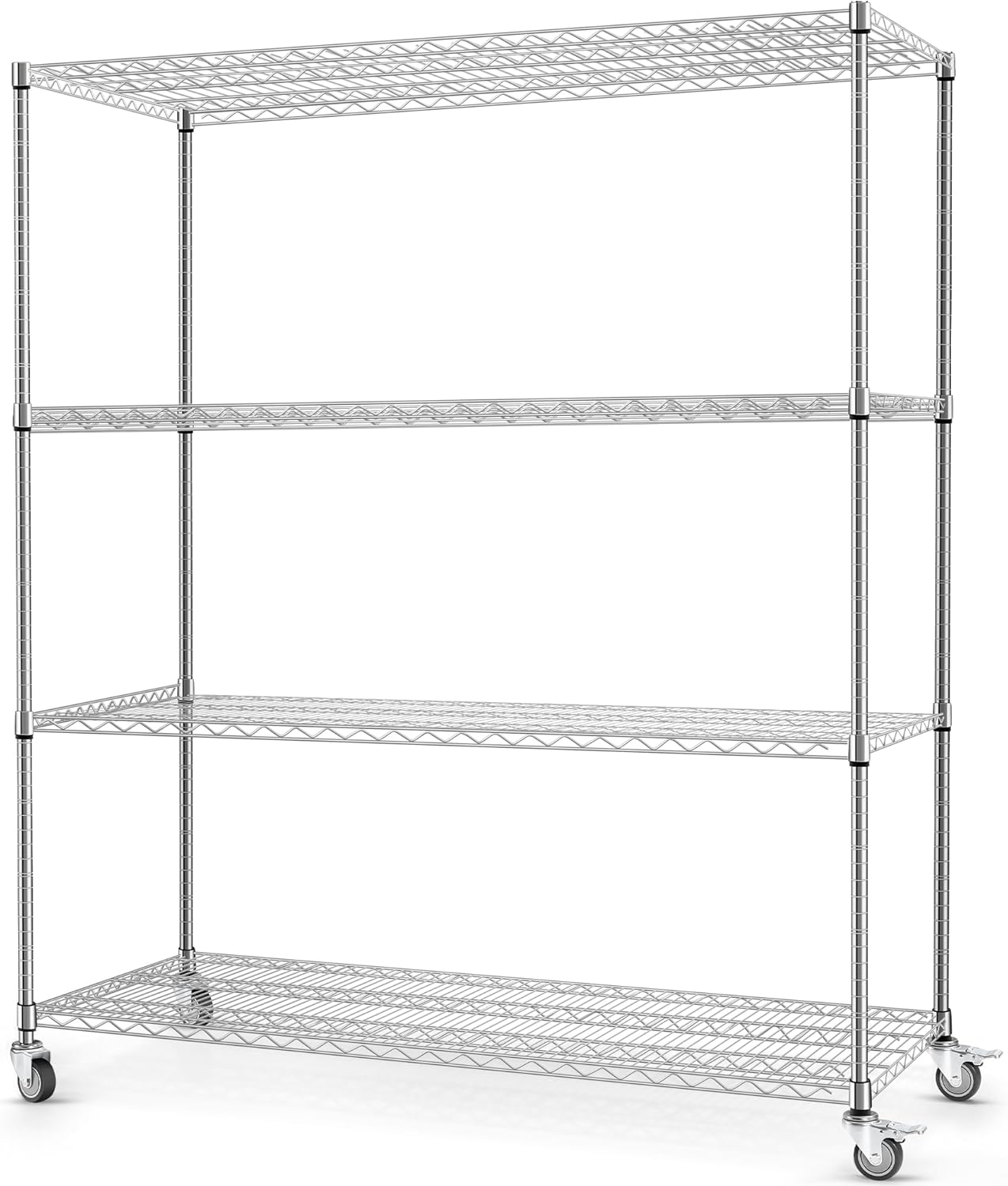 Rengue Wire Shelving with Wheels, 60"x 24"x72" Metal Storage Shelves, 4-Tier Heavy Duty Garage Storage Shelves, Chrome 2400LBS Capacity Wire Shelf Rack for Restaurant, Garage, Pantry, Kitchen-0