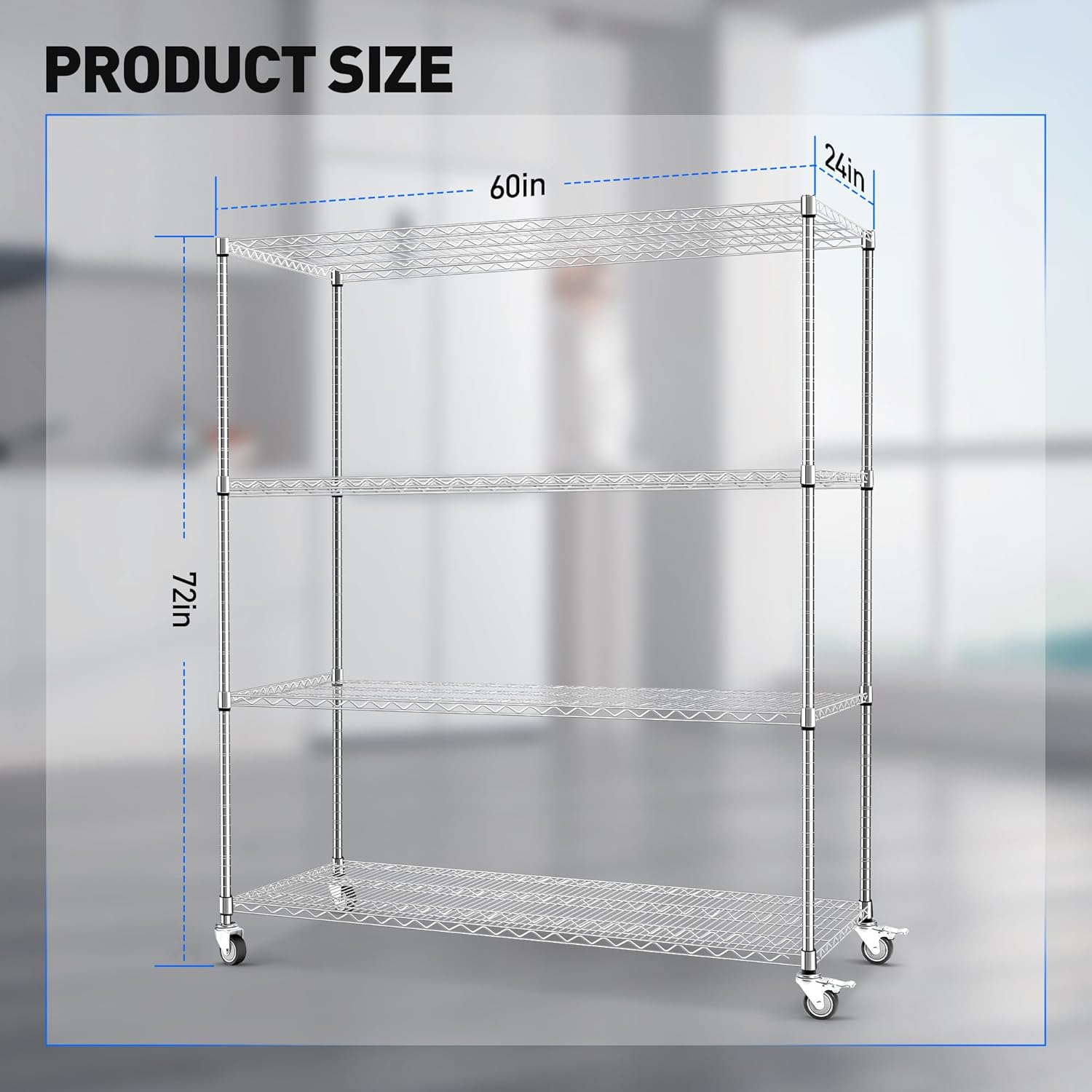 Rengue Wire Shelving with Wheels, 60"x 24"x72" Metal Storage Shelves, 4-Tier Heavy Duty Garage Storage Shelves, Chrome 2400LBS Capacity Wire Shelf Rack for Restaurant, Garage, Pantry, Kitchen-2