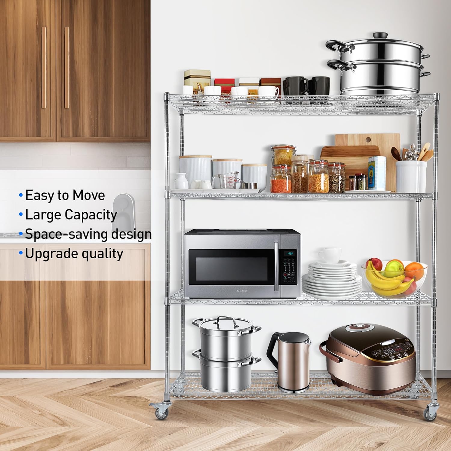 Rengue Wire Shelving with Wheels, 60"x 24"x72" Metal Storage Shelves, 4-Tier Heavy Duty Garage Storage Shelves, Chrome 2400LBS Capacity Wire Shelf Rack for Restaurant, Garage, Pantry, Kitchen-3