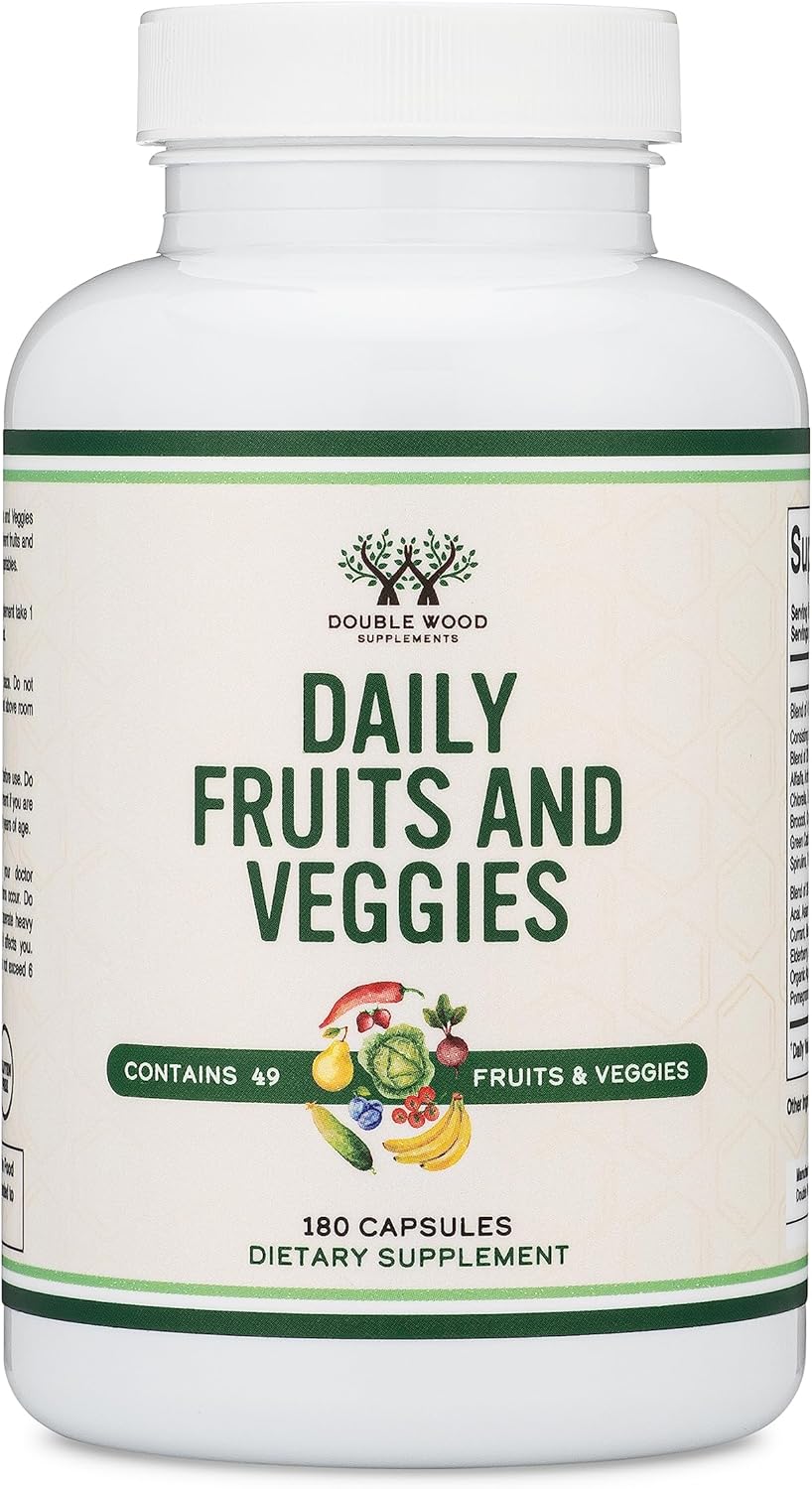 Fruits and Veggies Supplement (Daily Blend of 49 Different Fruits and Vegetables, 23 Veggies and 29 Fruits) 1,500mg Servings, 180 Capsules (No Fillers, Vegan Safe, Non-GMO) by Double Wood-0