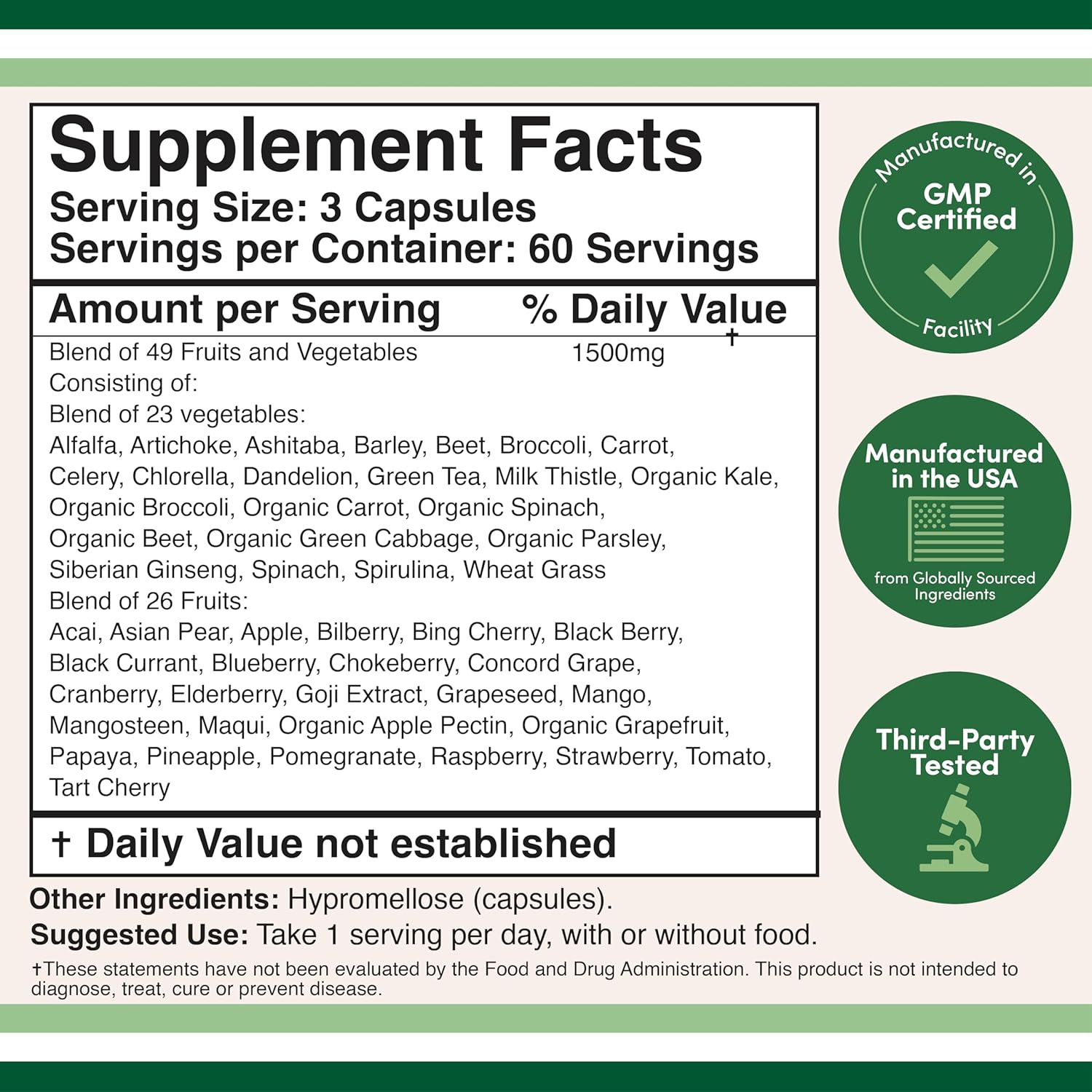 Fruits and Veggies Supplement (Daily Blend of 49 Different Fruits and Vegetables, 23 Veggies and 29 Fruits) 1,500mg Servings, 180 Capsules (No Fillers, Vegan Safe, Non-GMO) by Double Wood-1