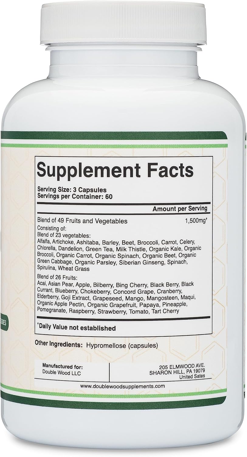 Fruits and Veggies Supplement (Daily Blend of 49 Different Fruits and Vegetables, 23 Veggies and 29 Fruits) 1,500mg Servings, 180 Capsules (No Fillers, Vegan Safe, Non-GMO) by Double Wood-2