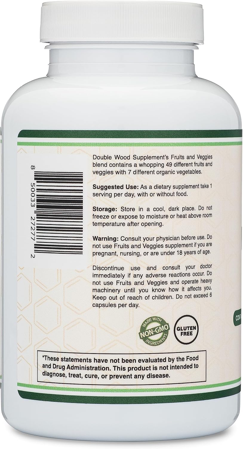 Fruits and Veggies Supplement (Daily Blend of 49 Different Fruits and Vegetables, 23 Veggies and 29 Fruits) 1,500mg Servings, 180 Capsules (No Fillers, Vegan Safe, Non-GMO) by Double Wood-3