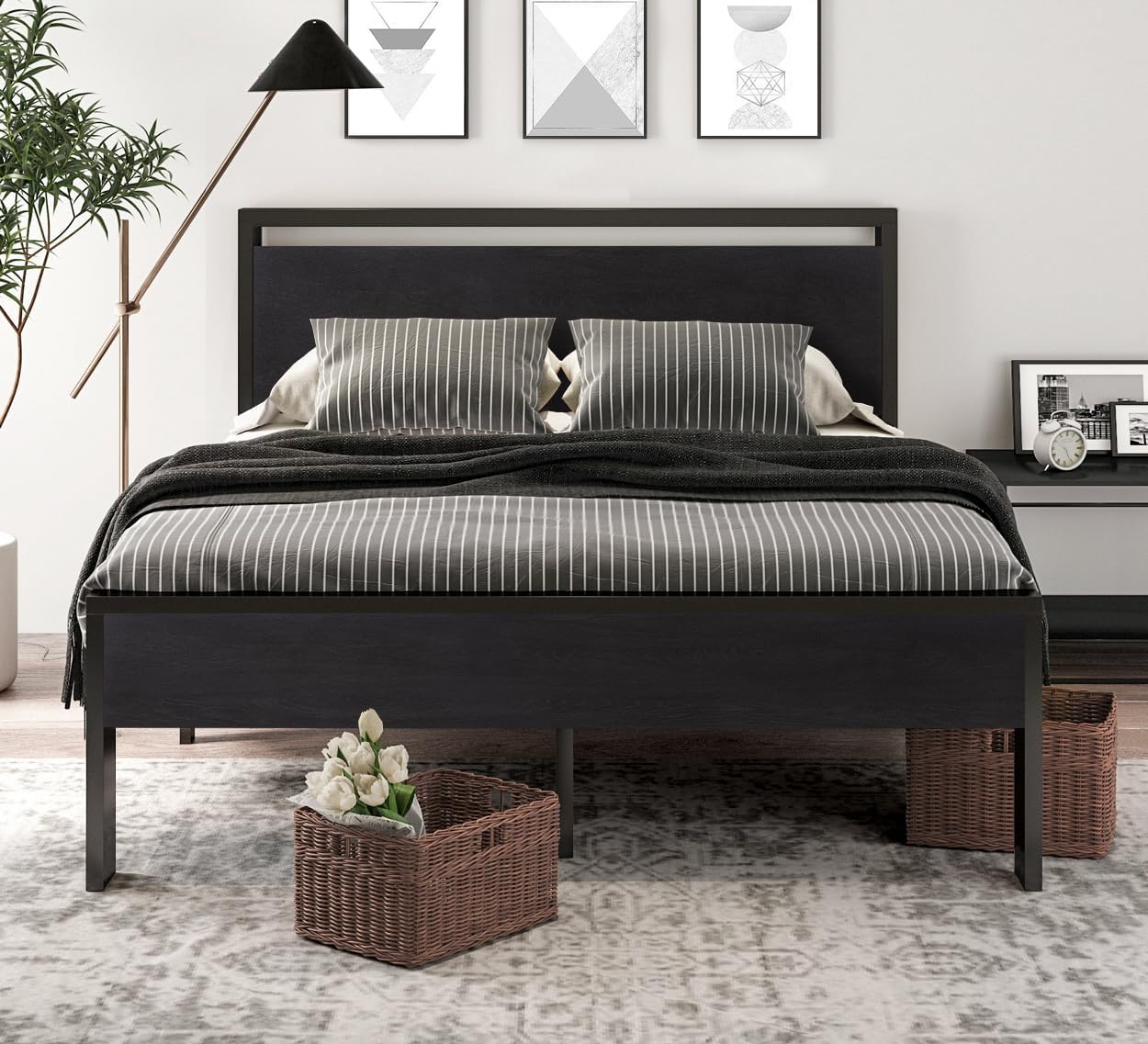 SHA CERLIN 14 Inch Full Size Metal Platform Bed Frame with Wooden Headboard and Footboard, Mattress Foundation, No Box Spring Needed, Large Under Bed Storage, Non-Slip Without Noise, Black Oak-2