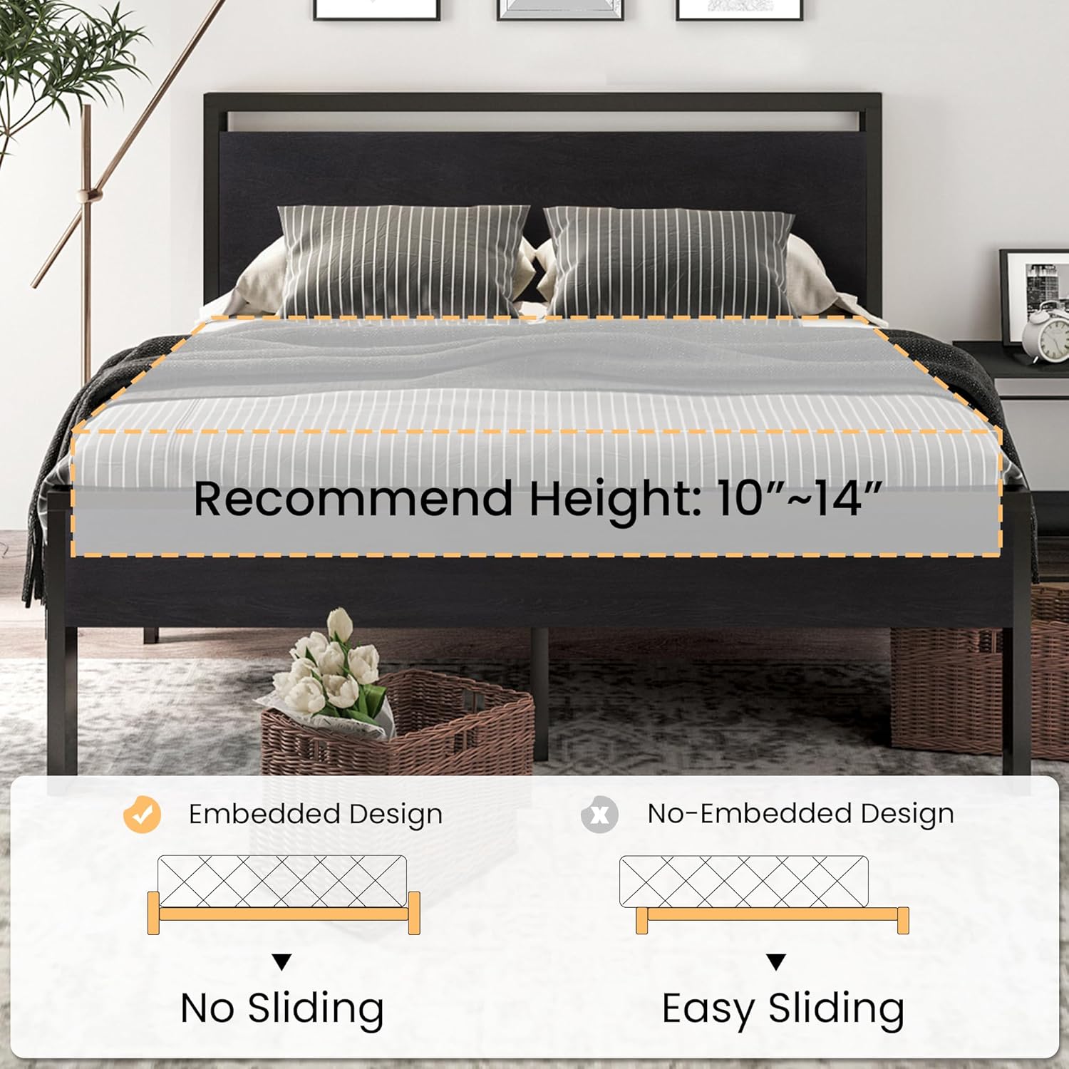 SHA CERLIN 14 Inch Full Size Metal Platform Bed Frame with Wooden Headboard and Footboard, Mattress Foundation, No Box Spring Needed, Large Under Bed Storage, Non-Slip Without Noise, Black Oak-6