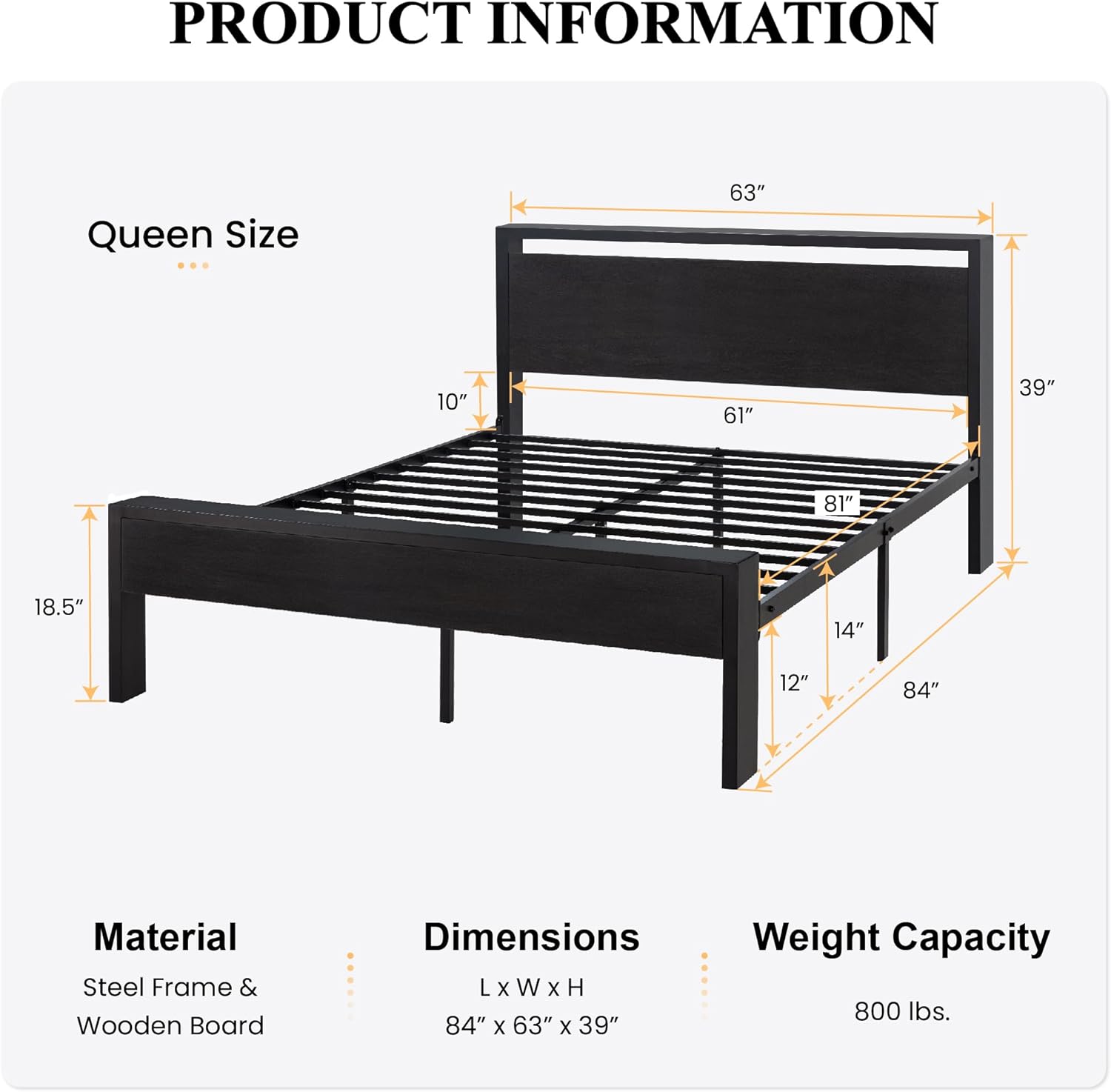 SHA CERLIN 14 Inch Queen Size Metal Platform Bed Frame with Wooden Headboard and Footboard, Mattress Foundation, No Box Spring Needed, Large Under Bed Storage, Non-Slip, Black Oak-1