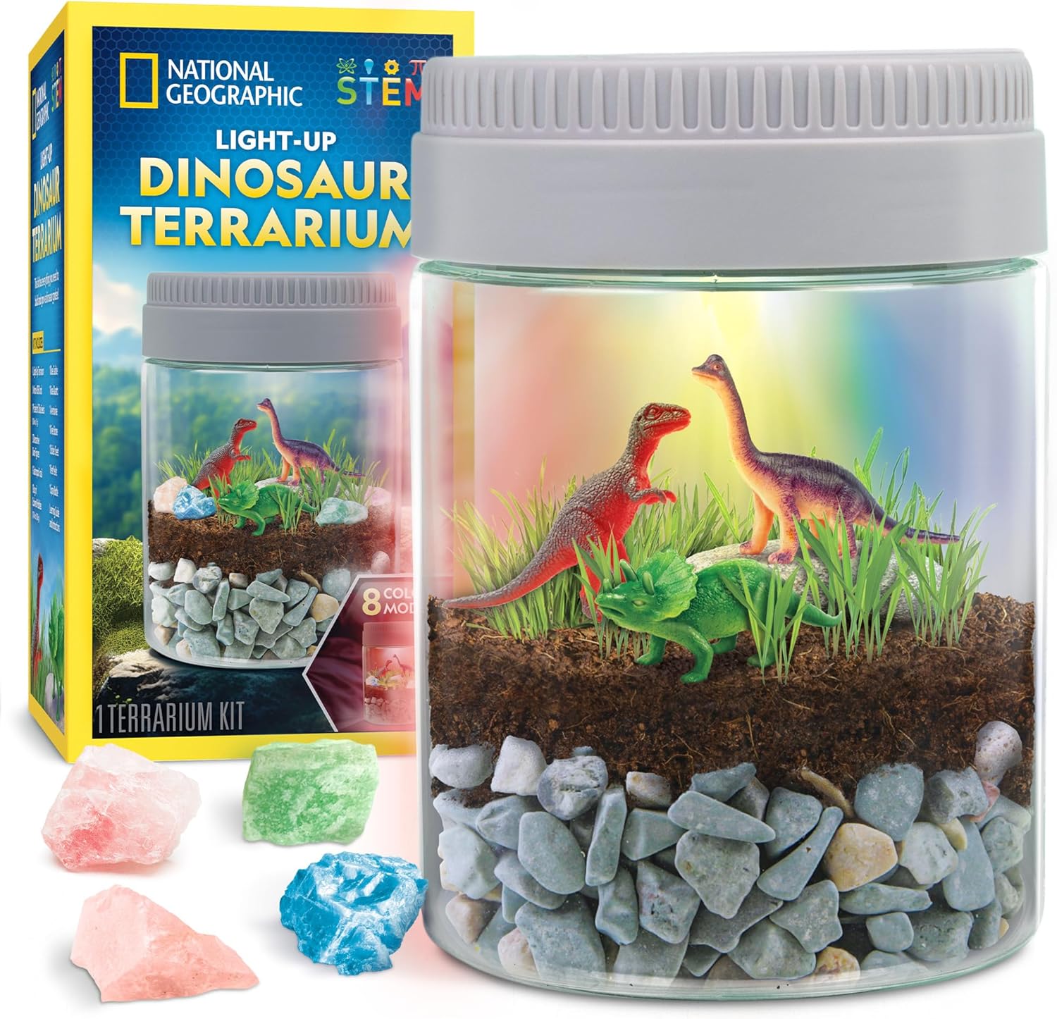 NATIONAL GEOGRAPHIC Dinosaur Terrarium Kit for Kids – Multicolor Light Up Terrarium Kit for Kids, Build a Dinosaur Habitat with Real Plants, Science Kit, Dinosaur Toys for Kids, Kids Science-0