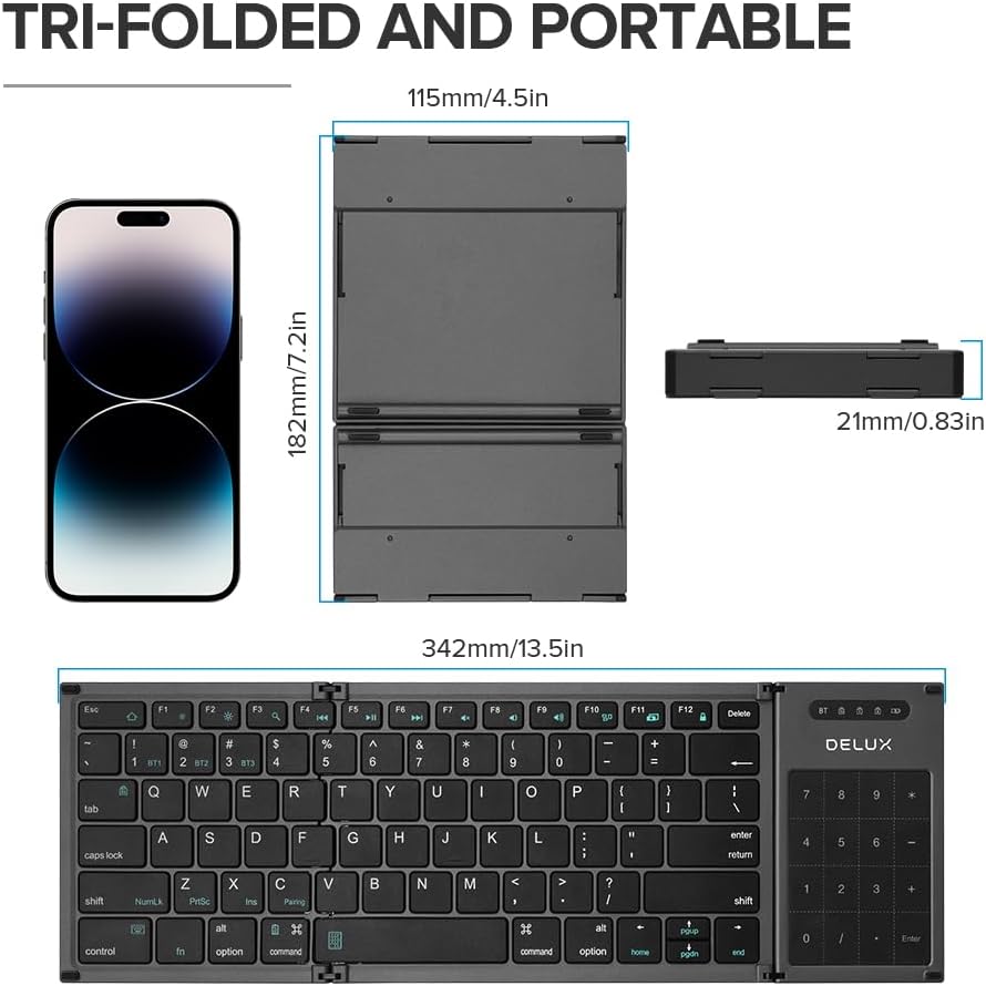 DeLUX Full Size Folding Keyboard 78 Keys, Wireless Bluetooth Keyboard with 2-in-1 Touchpad, Portable Travel Multi-Device and Multi-System Keyboard (KF17)-6