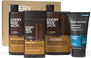 Every Man Jack Men’s Amber + Sandalwood Bath and Body Gift Set - Clean Ingredients & Sandalwood, Amber, and Vetiver scent - Round Out His Routine with Body Wash, 2-in-1 Shampoo, Deodorant & Face Wash